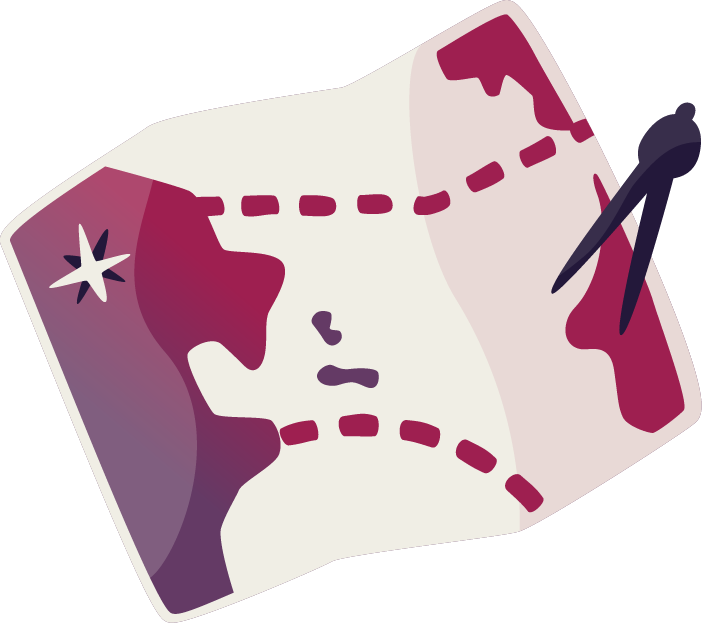 A stylized illustrated map of the world with a dashed route line and a pair of compasses marking a destination.