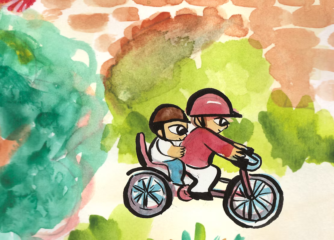 A watercolour and ink illustration of two people riding a tandem bike. Around them are green bushes and what looks like a red brick wall.