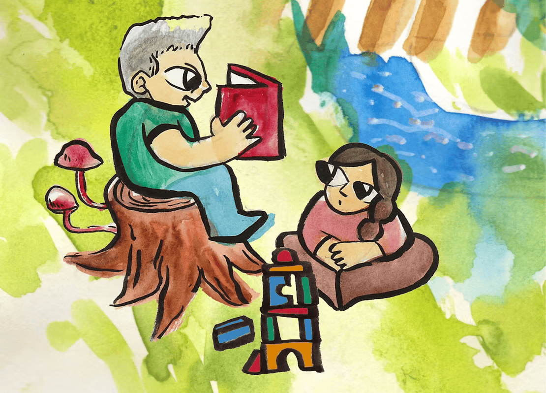 A pen and ink watercolour image of two people outside. One is reading from a book whilst the other listens.