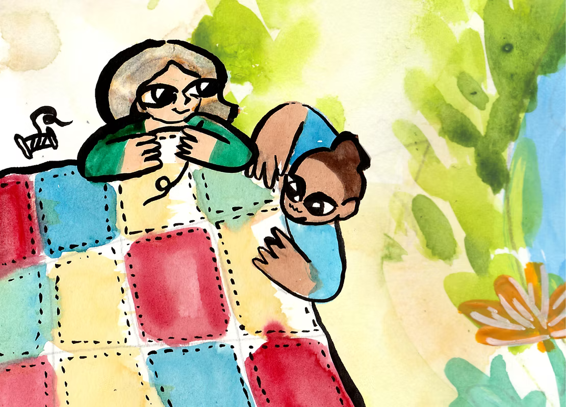 An ink and watercolour illustration of two people working on a quilt together. They are outside.