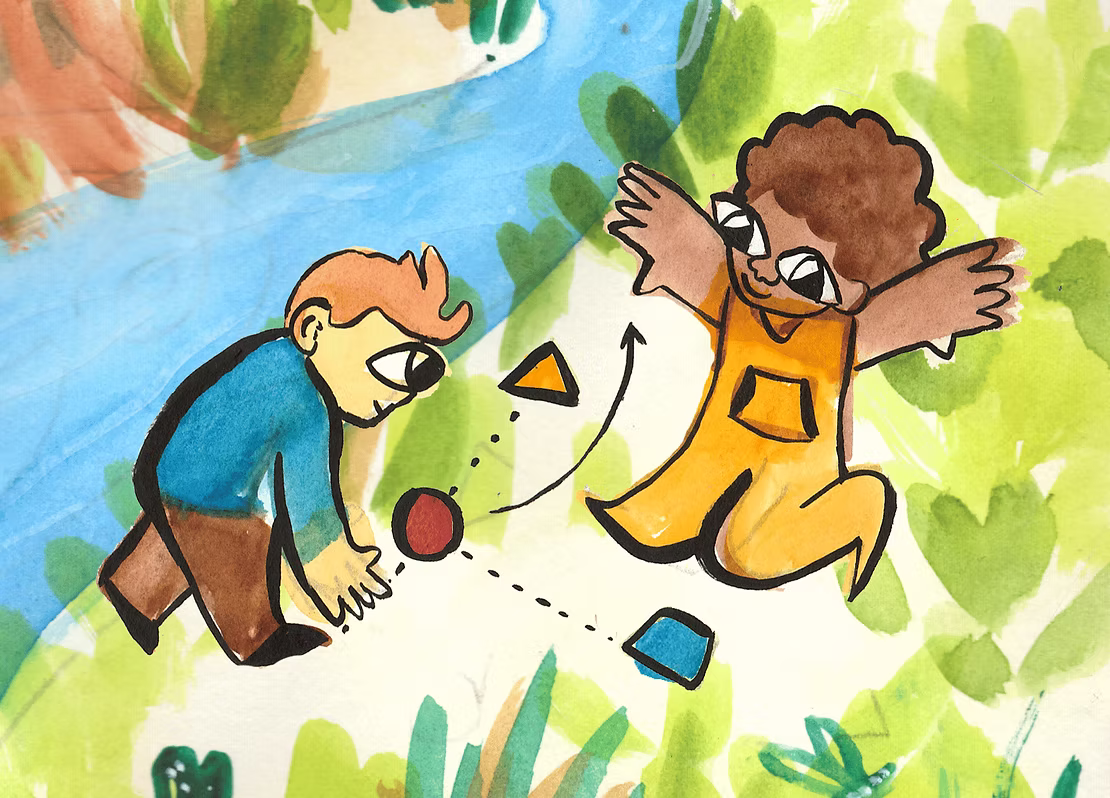 A watercolour and ink illustration showing two people who appear to be playing a game of some kind on some grass, alongside a river. A triangle, a circle and a square can be seen on the floor between them, with dotted lines linking them.