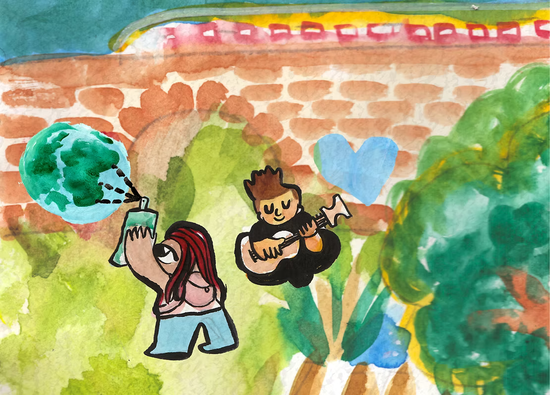 An ink and watercolour drawing of two people outside. One is playing a guitar whist the other is spray painting a picture of the Earth on a wall.