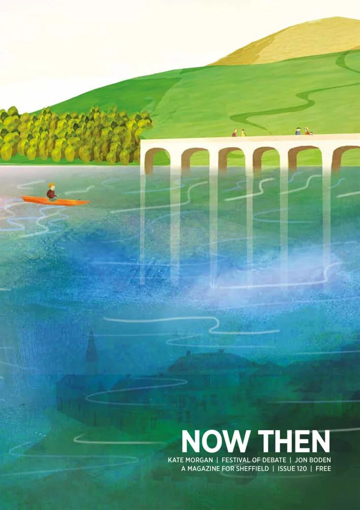 A cover of the magazine Now Then, showing a painting of a person kayaking in a reservoir, with a sunken village visible below the waves