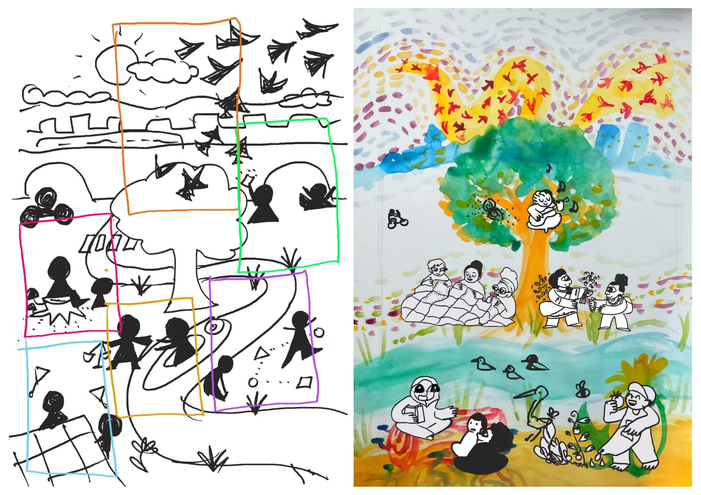 A simple sketch showing the layout plan for an illustration, alongside a water colour image with sketches of people overlaid in black and white.