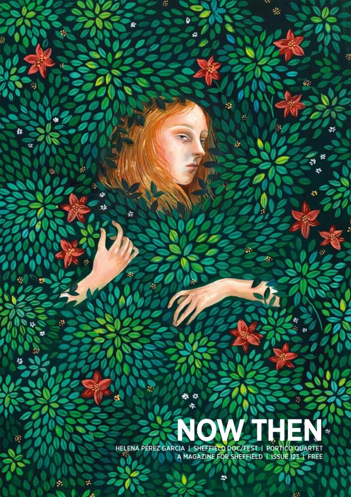 A cover of the magazine Now Then, showing a semi-abstract painting of a woman with long ginger hair seemingly merging into foliage all around her