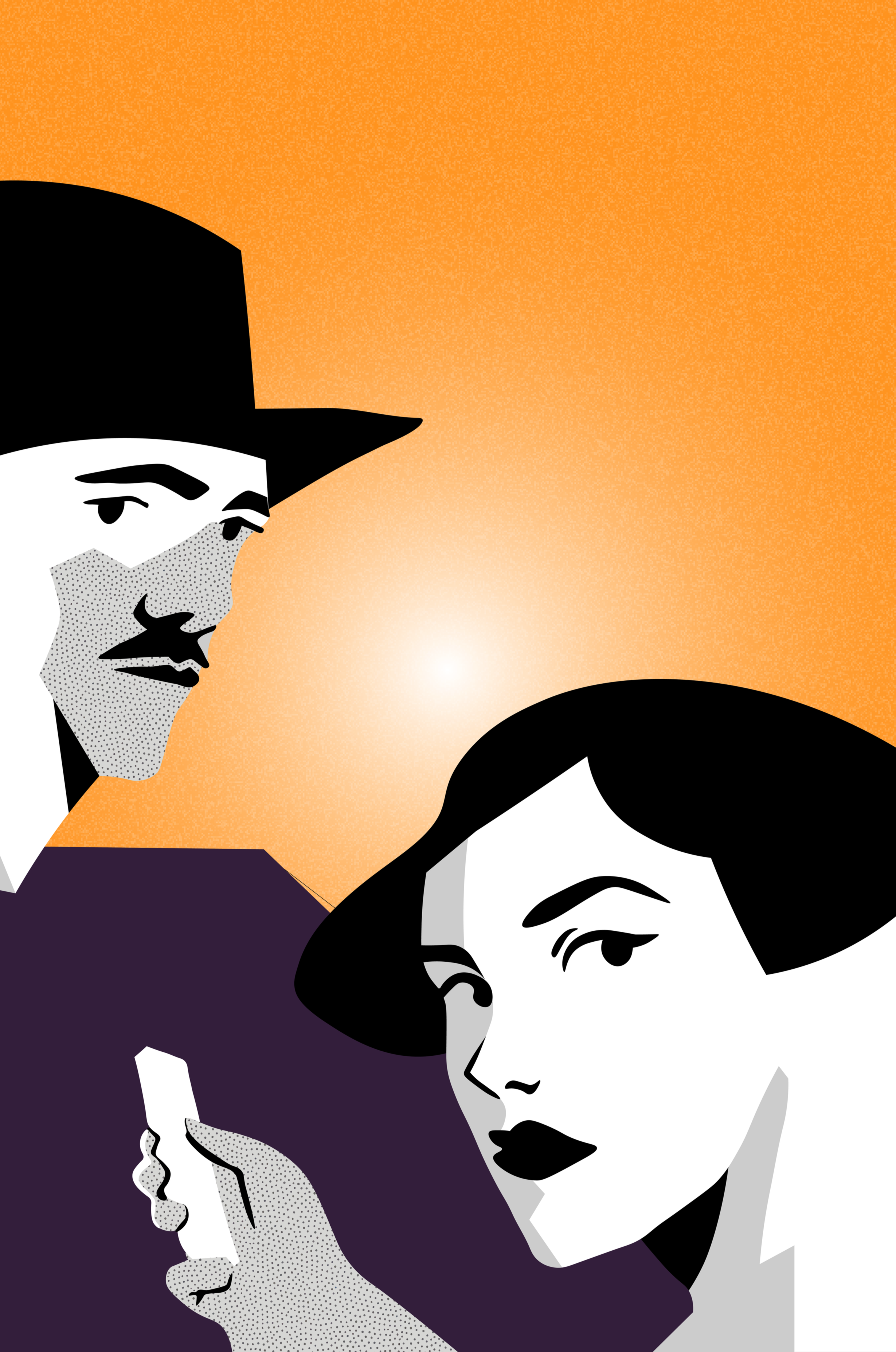 Stylized illustration of a man and woman, both wearing black hats with wide brims. The man has a beard and mustache, and the woman has dark hair styled in an updo. The background features warm orange and yellow gradient with a light burst effect.