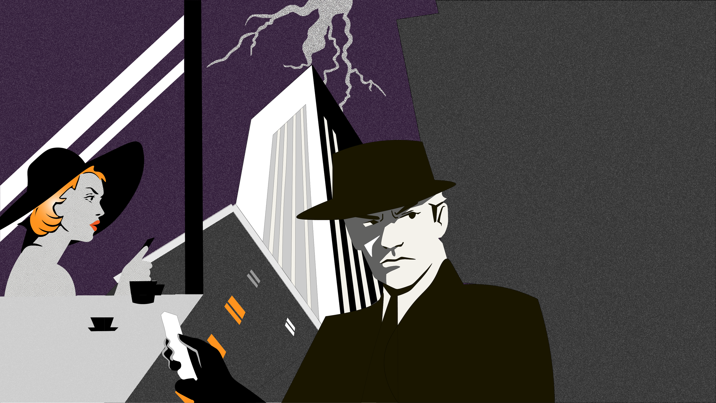 Stylized digital artwork featuring a woman with red hair in a black hat reading a book, and a serious man in a black suit, Frank The Cyberguard and hat with a serious expression, with a building and lightning in the background.