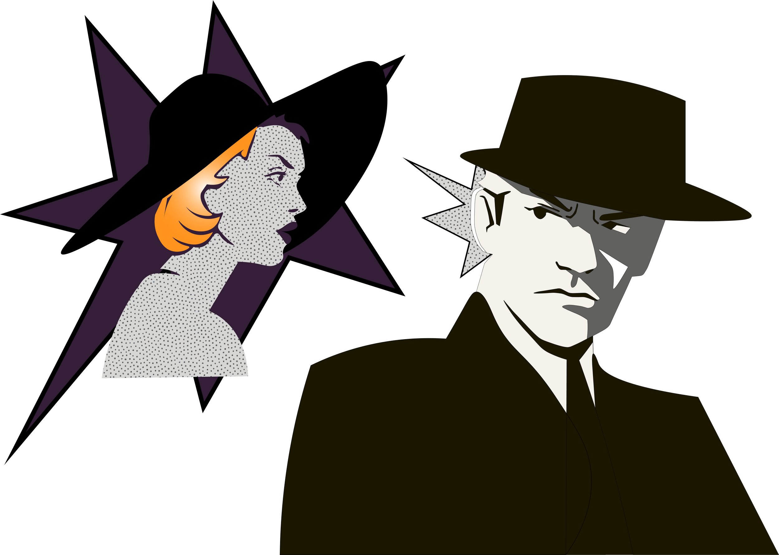 Digital illustration of a woman with purple hair and pointed ears wearing a witch hat, and a man wearing a cowboy hat and a suit, facing each other.