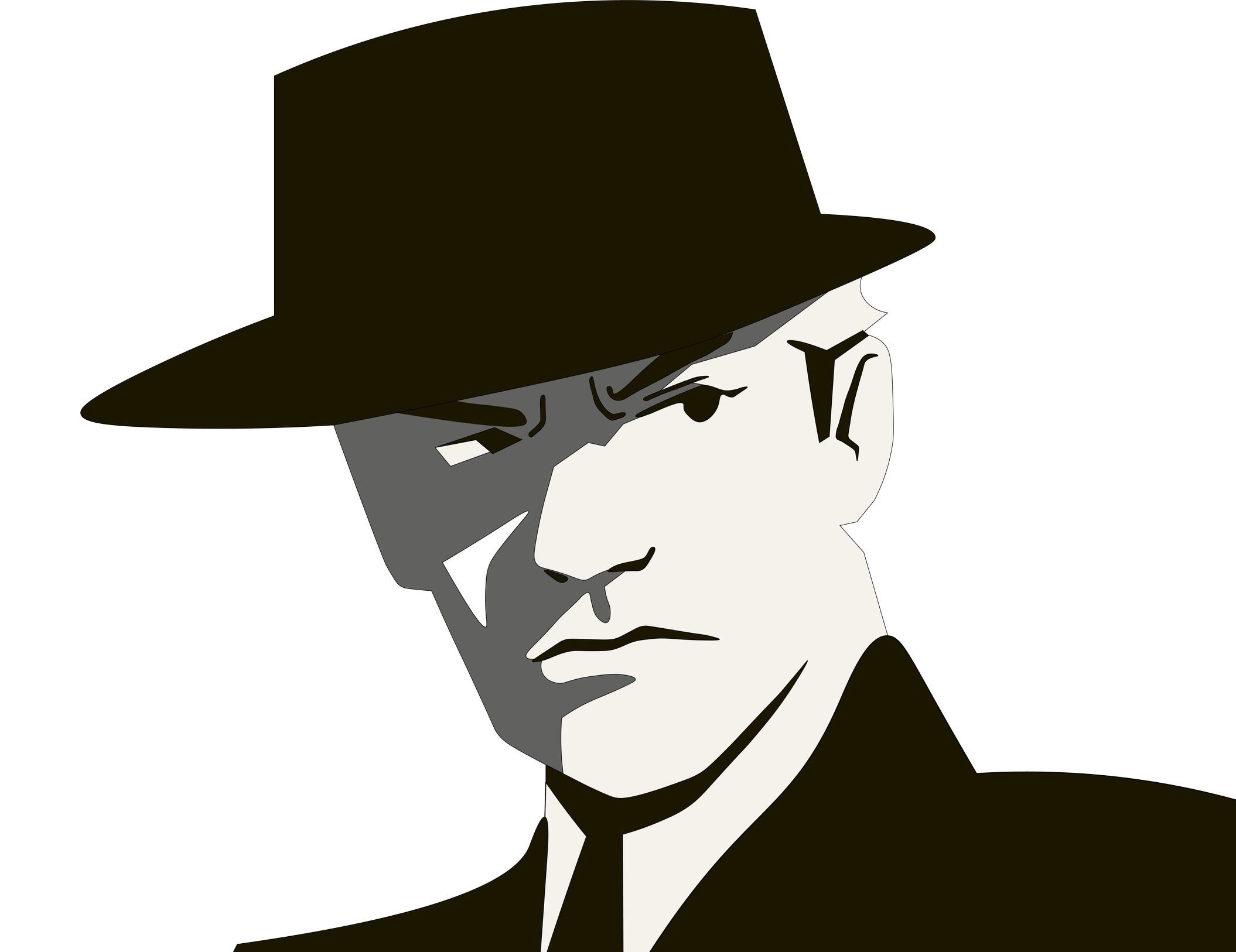 A stylized illustration of a man wearing a large dark fedora hat, with a serious expression, dressed in a suit or jacket.