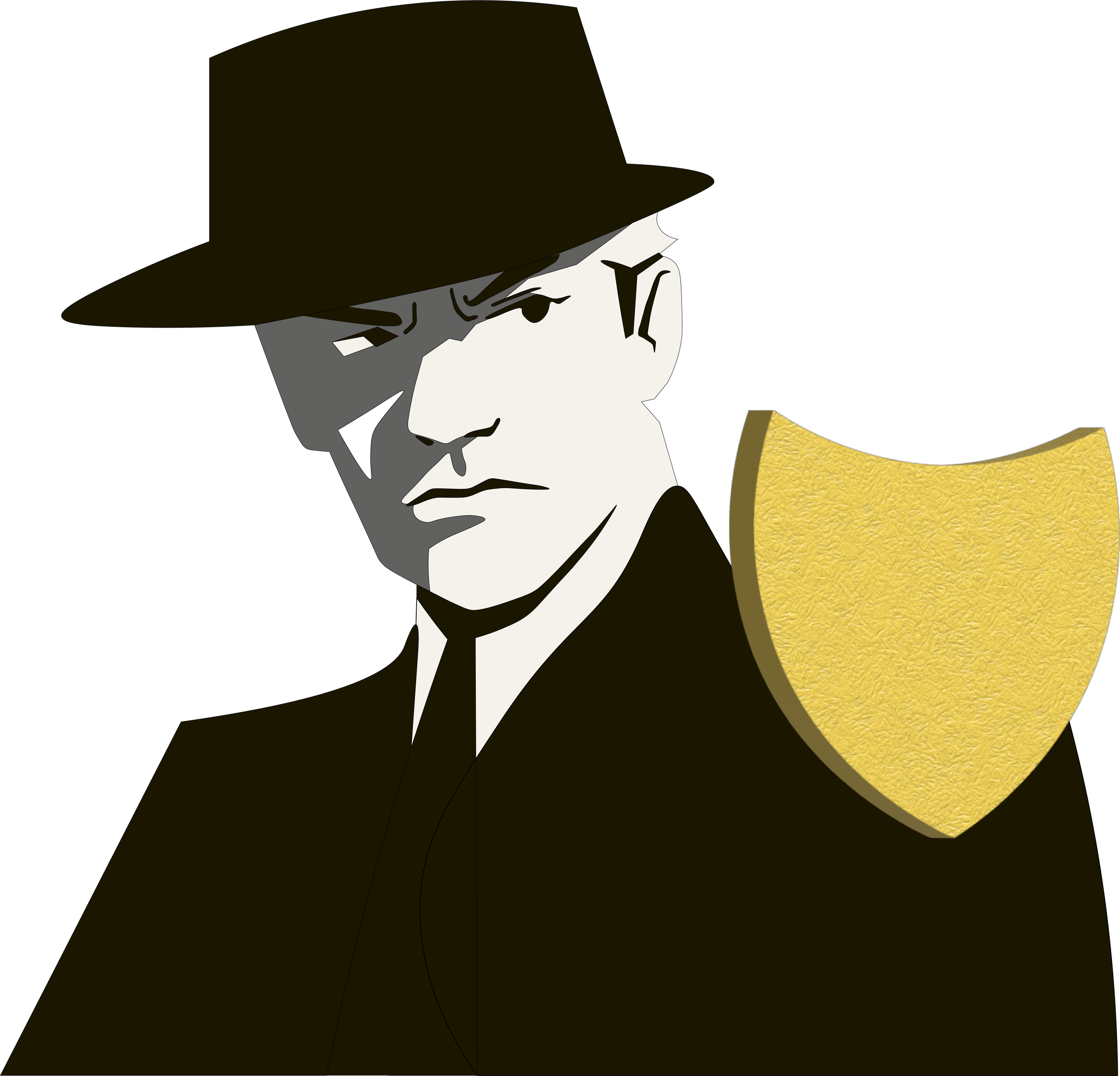 Drawing of a man in a yellow coat with a black hat and glasses, looking down with a serious expression.