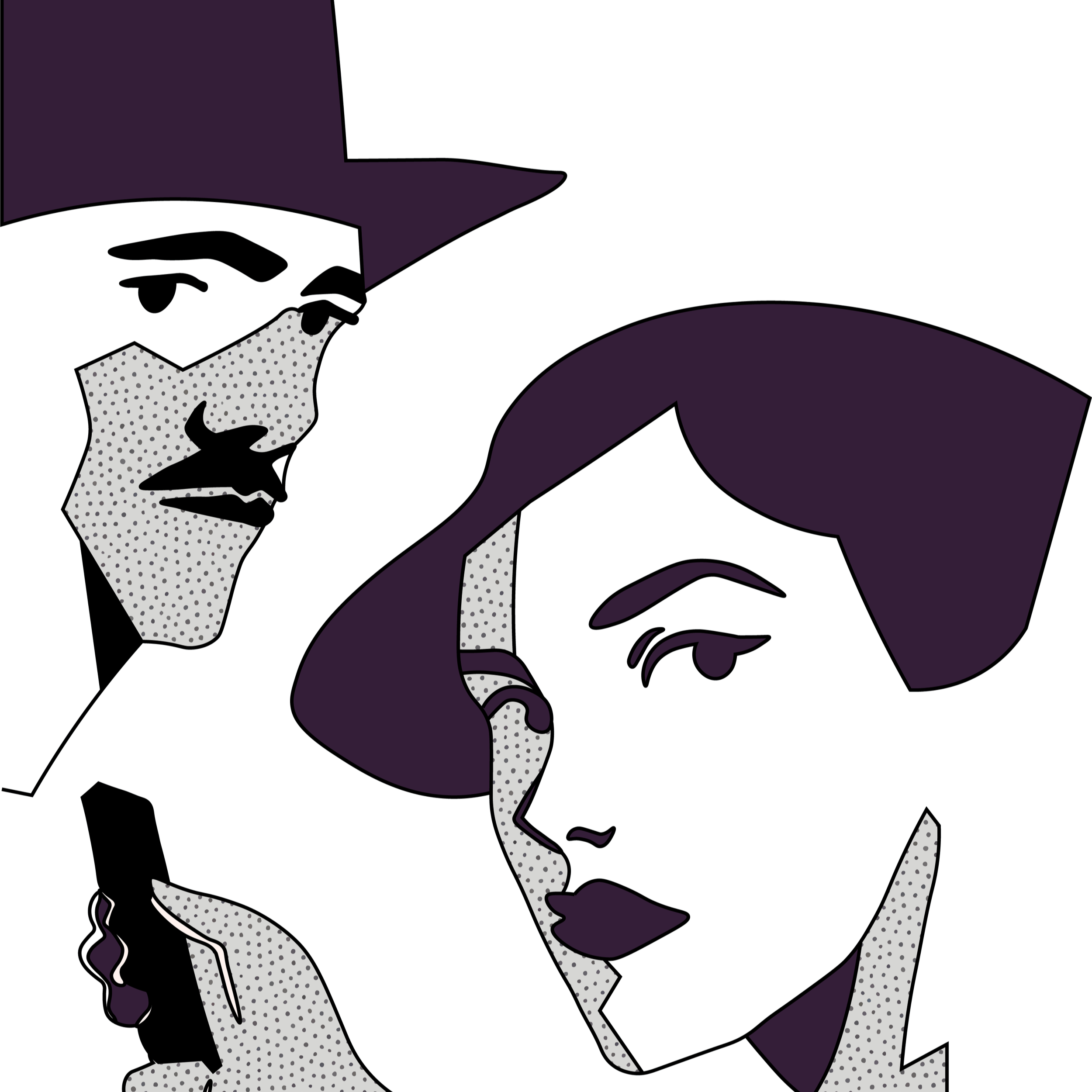 Illustration of a woman with dark hair wearing a purple shirt, holding a phone to her ear, and a dog standing beside her.