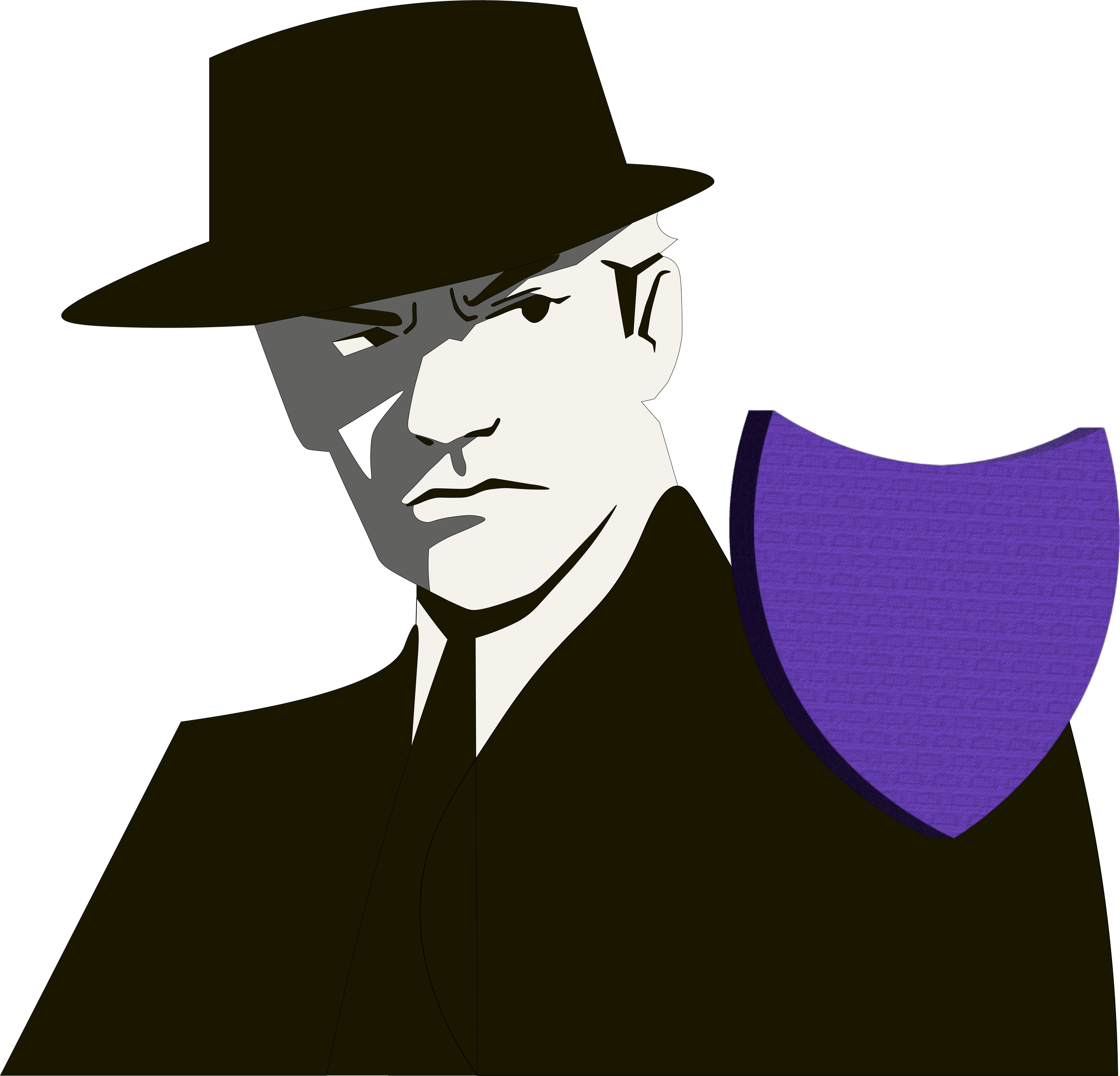 A cartoon illustration of a man wearing a black hat, a black suit with a white shirt, and a purple cape, with a serious expression on his face.