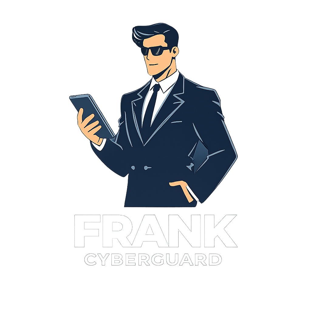 Un homme en costume noir et lunettes de soleil, tenant un smartphone, avec le texte 'FRANK CYBERGUARD' en dessous.