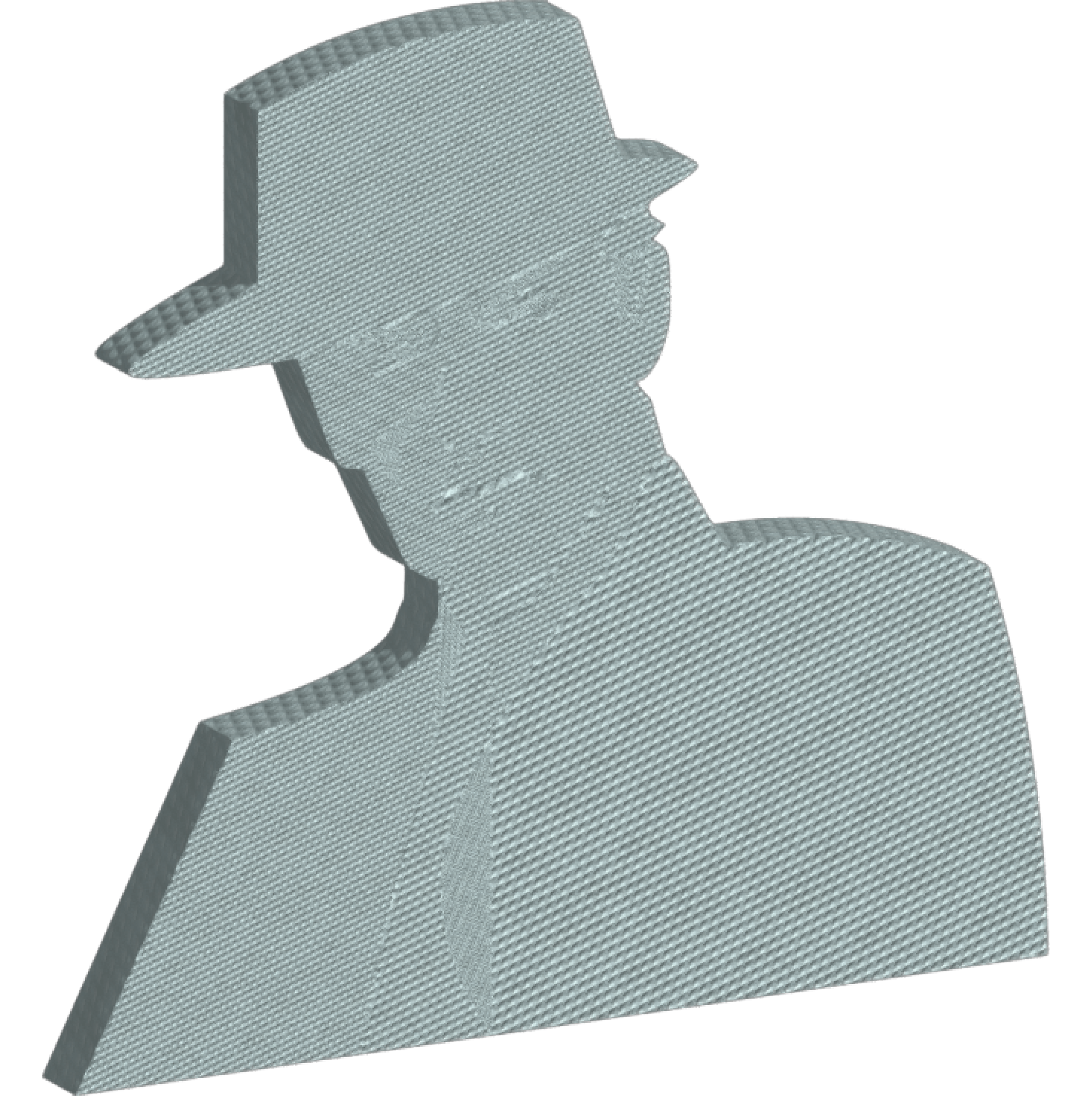 A 3D CAD model of a mechanical part with textured surface and detailed edges, shown in a tech drawing style. Silver pack frank medal