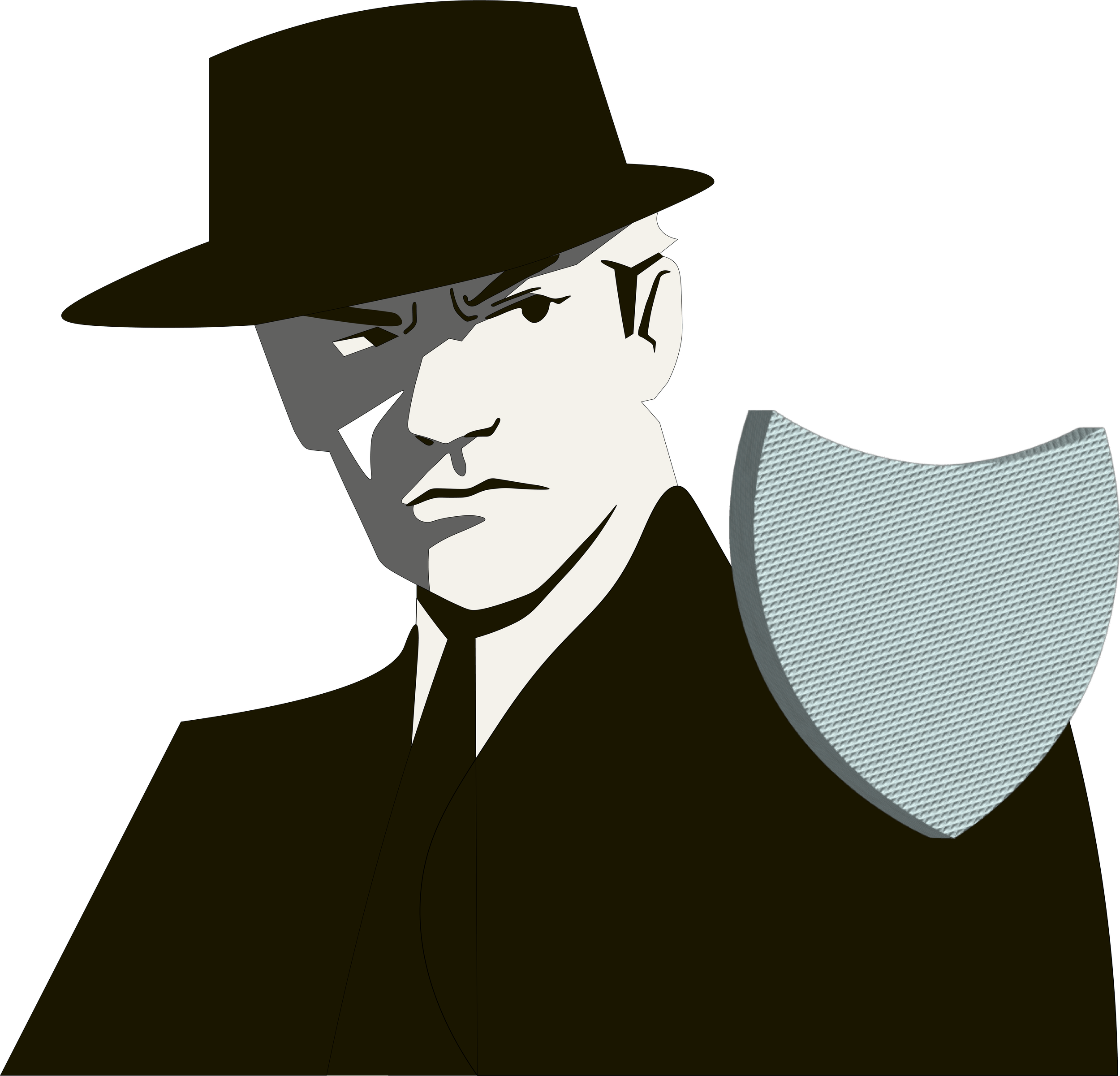 A stylized drawing of a man in a suit with glasses and a fedora hat looking down, with a serious expression, against a dark background.
