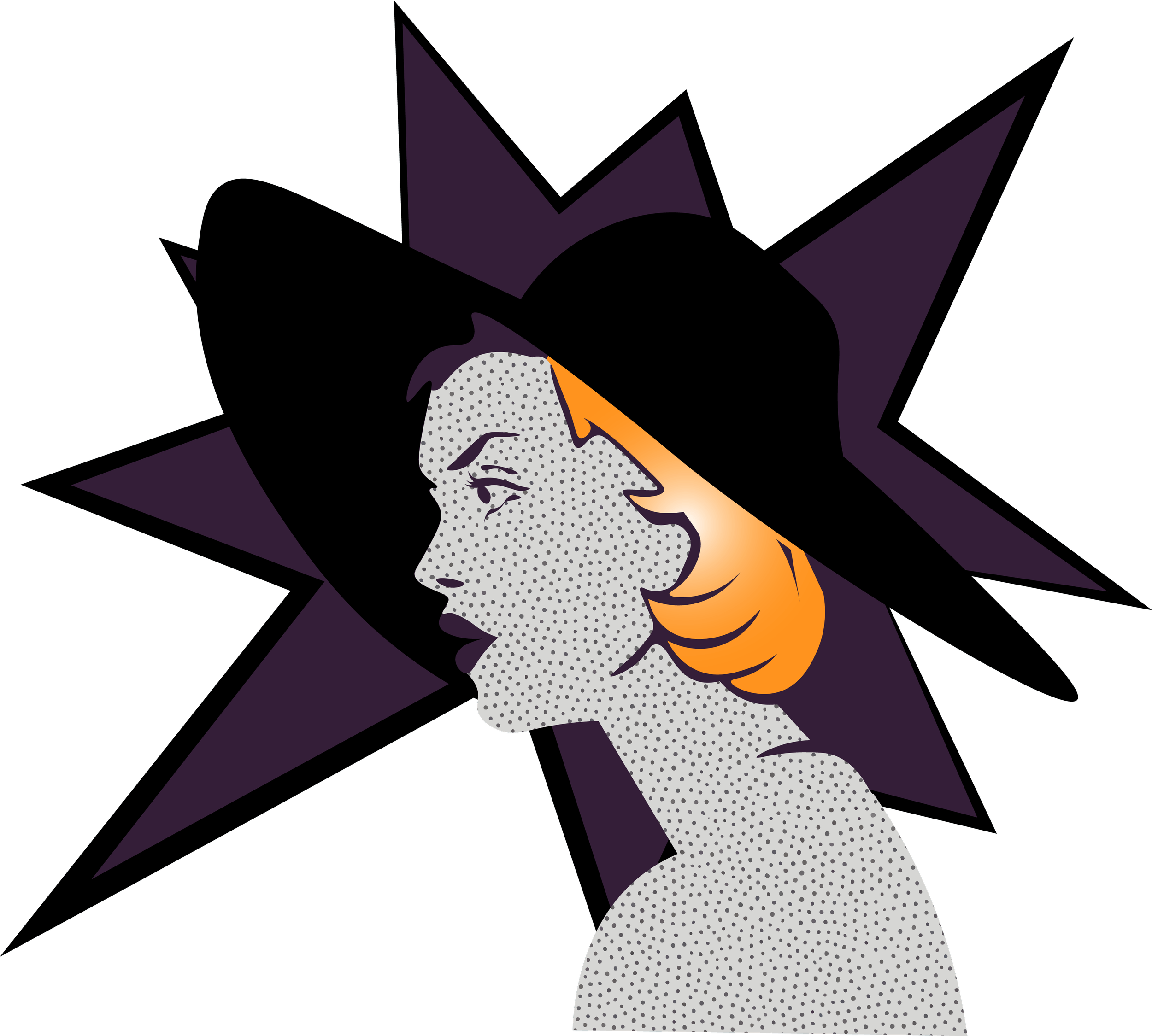 Pop art style illustration of a woman with black hair, a white face with black dots, closed eyes, and an orange hand touching her face, set against a background of purple and dark blue shapes.