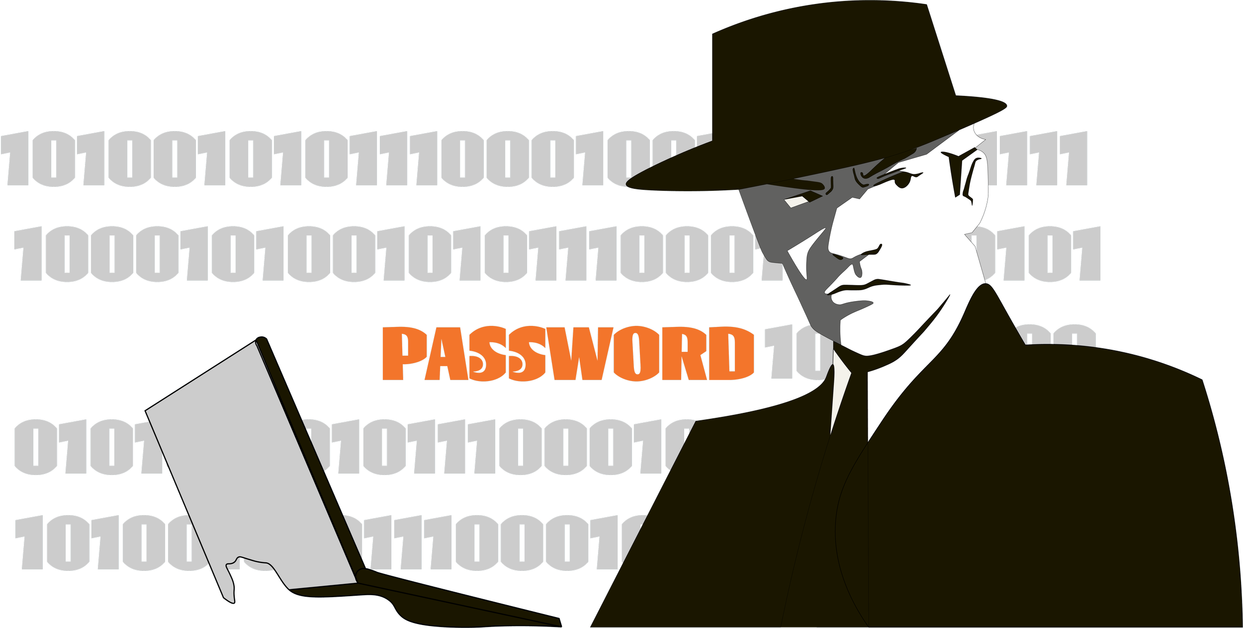 A man wearing a trench coat and fedora hat holds a laptop. The background features binary code. The word 'PASSWORD' is highlighted in orange.