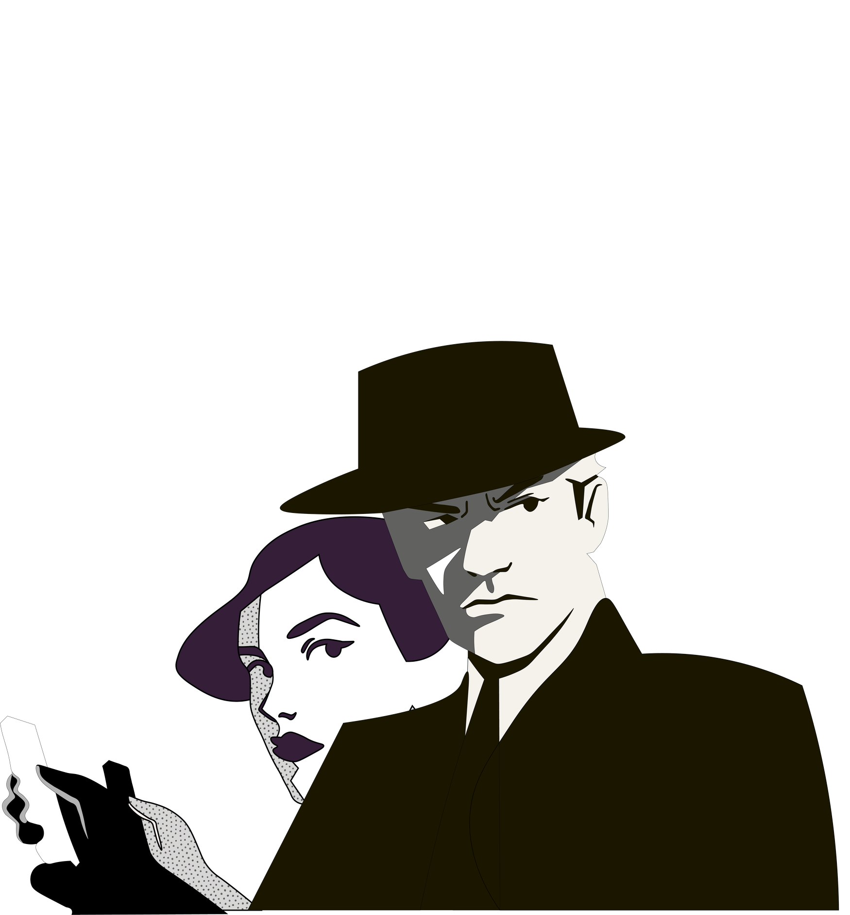 A comic-style illustration of a man in a black suit and fedora examining a piece of paper, with a woman in a detective outfit looking on.