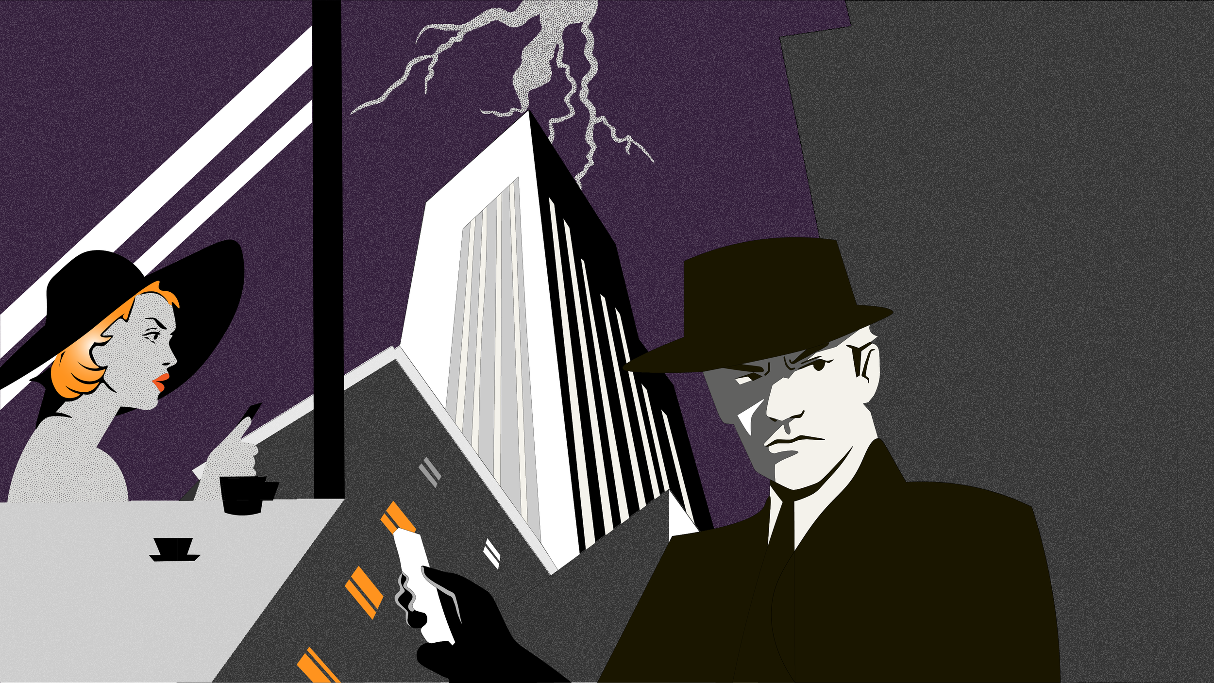 A stylized illustration of a woman with red hair wearing a black hat, looking at her phone, with two black cups on the table. In the background, there are tall buildings, lightning in the sky, and a man in a suit and wide-brimmed hat staring intensely forward.