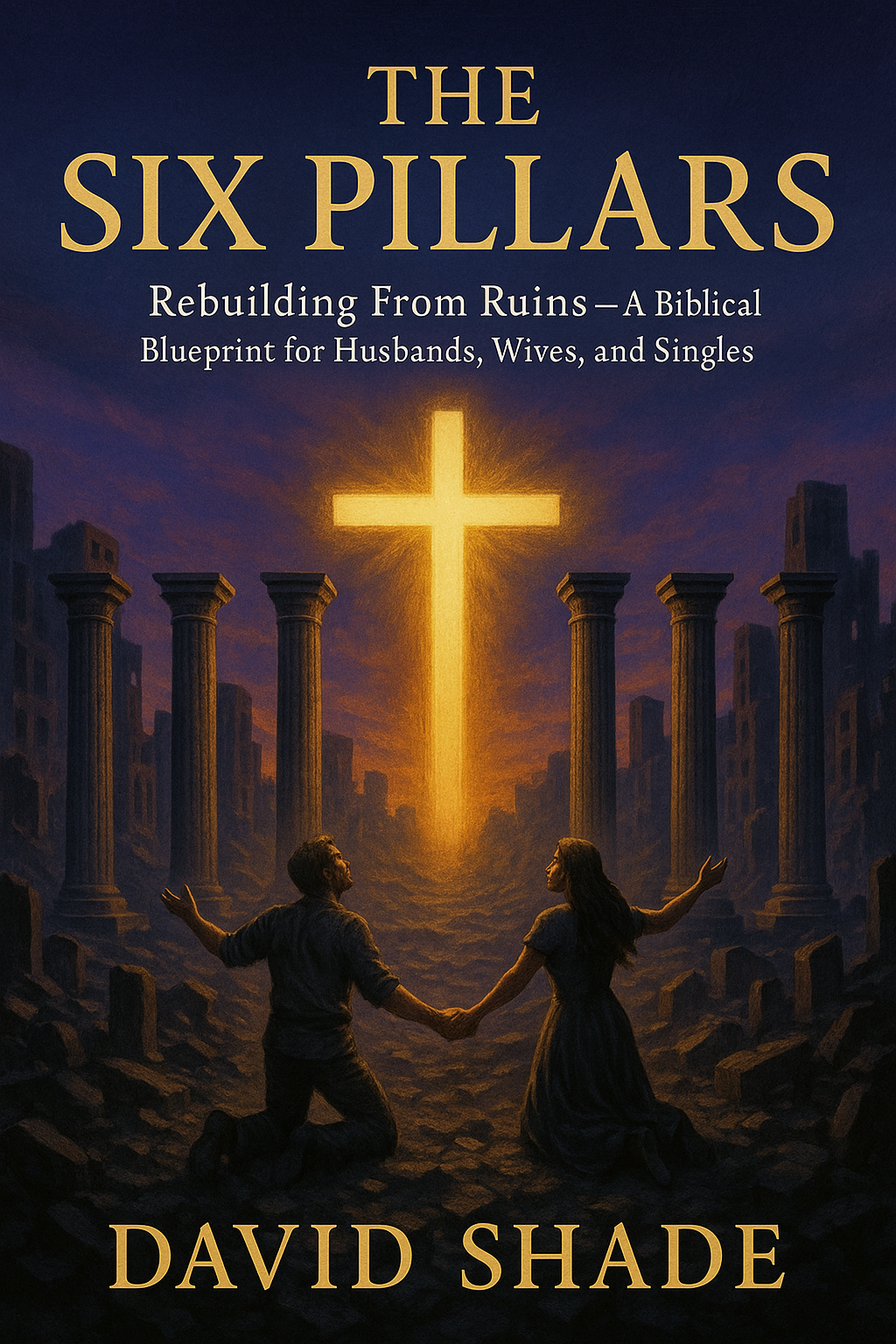 Book cover titled "The Six Pillsars: Rebuilding From Ruins - A Biblical Blueprint for Husbands, Wives, and Singles" by David Shade, depicting two people kneeling and holding hands amidst ruins with a glowing cross in the sky, surrounded by ancient columns.