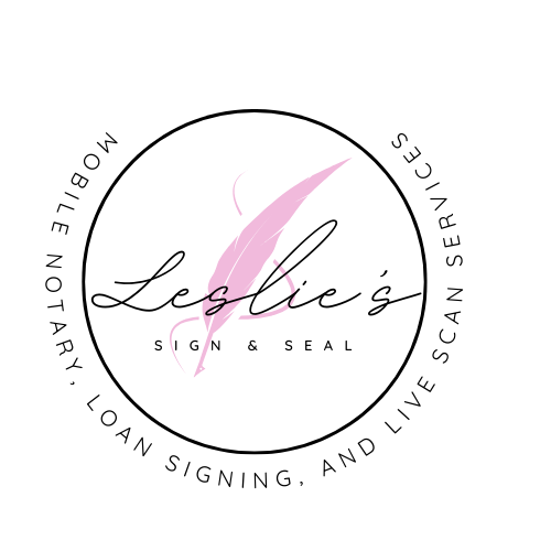 Logo for Leslie's Sign & Seal, a mobile notarization, loan signing, and live scan service, featuring a pink lipstick mark inside a black circular border.