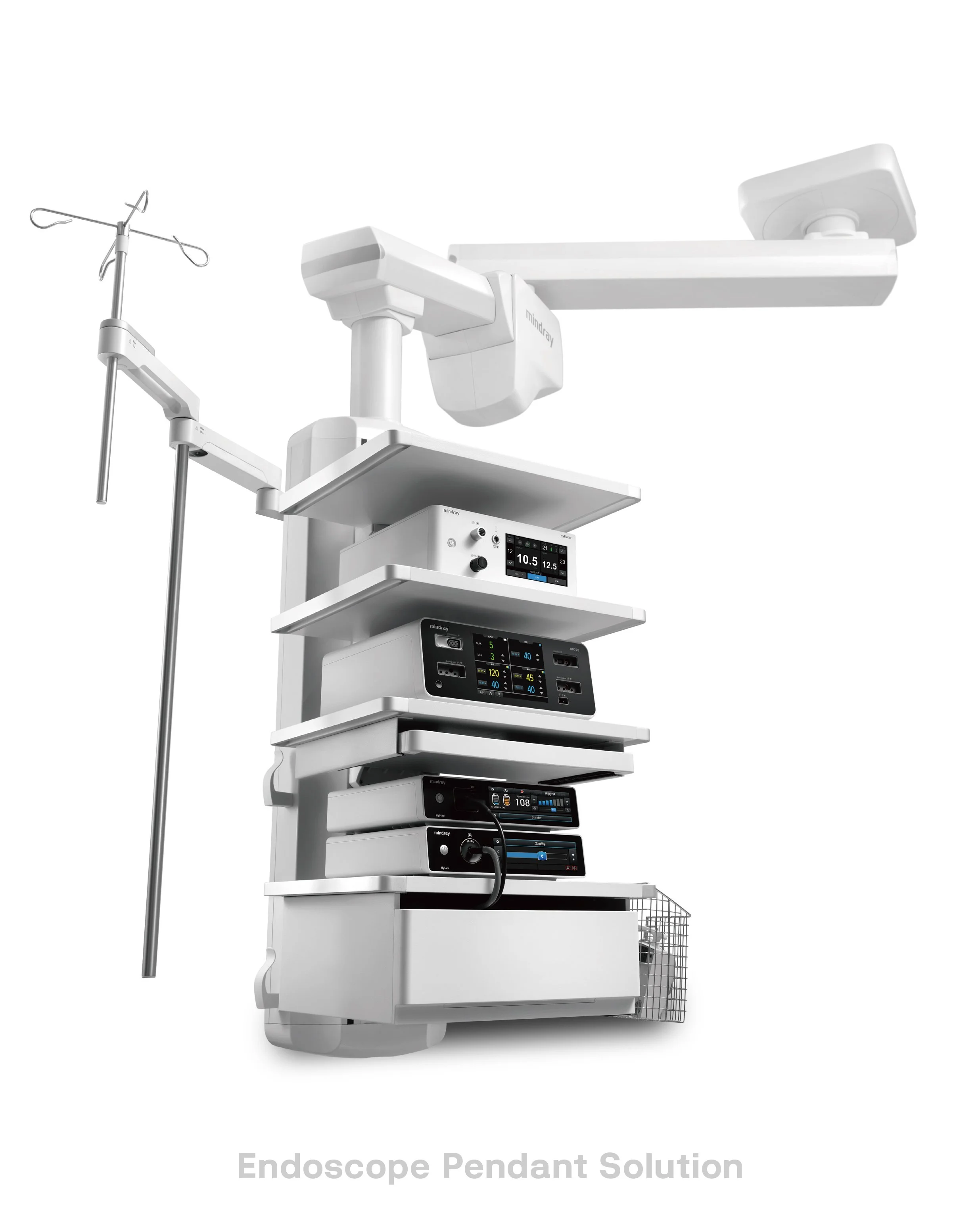 Medical endoscopy tower with monitor, light source, and camera equipment, labeled 'Endoscope Pendant Solution'.