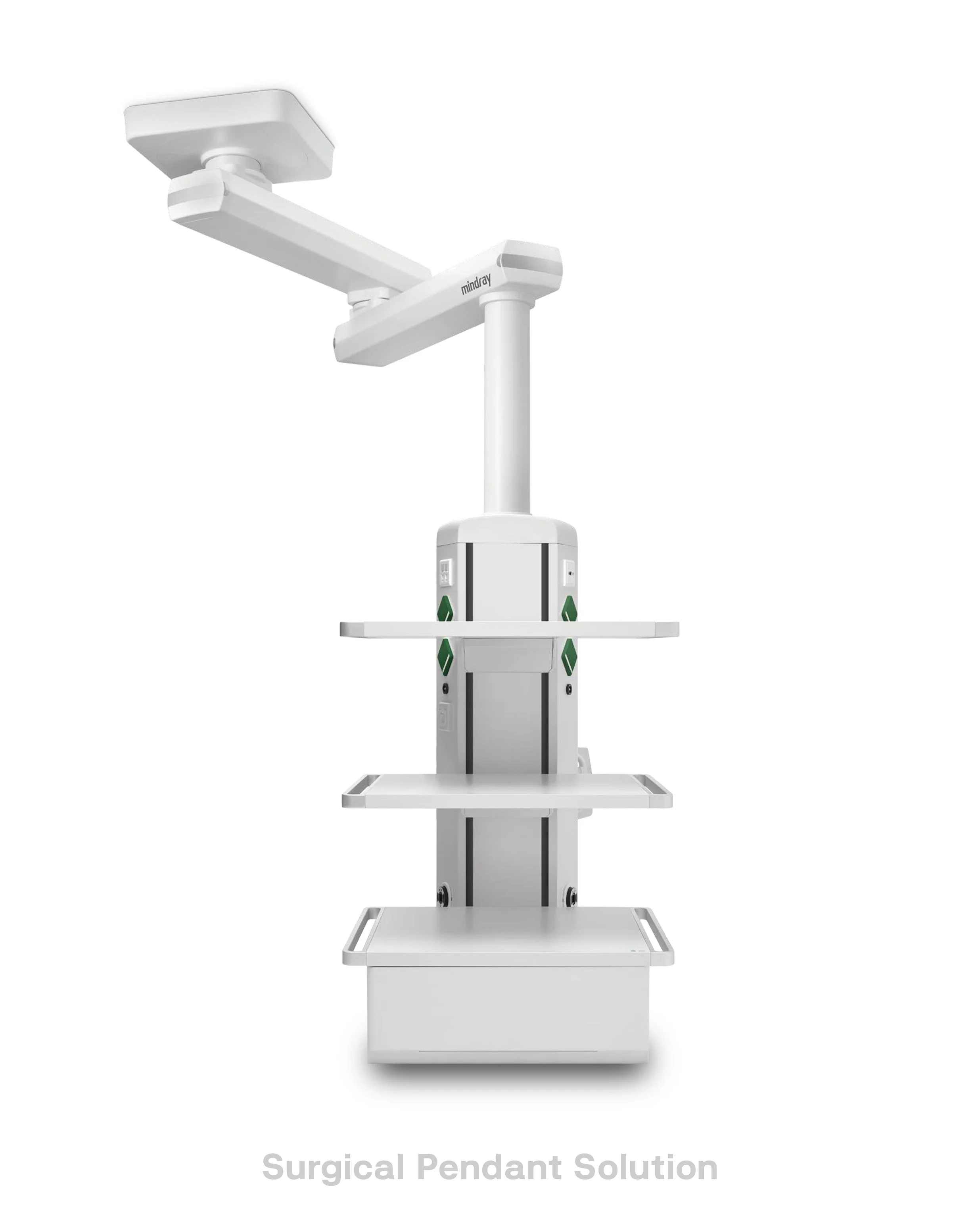 A white medical device labeled 'Surgical Pendant Solution' with multiple shelves, adjustable arms, and control panels.