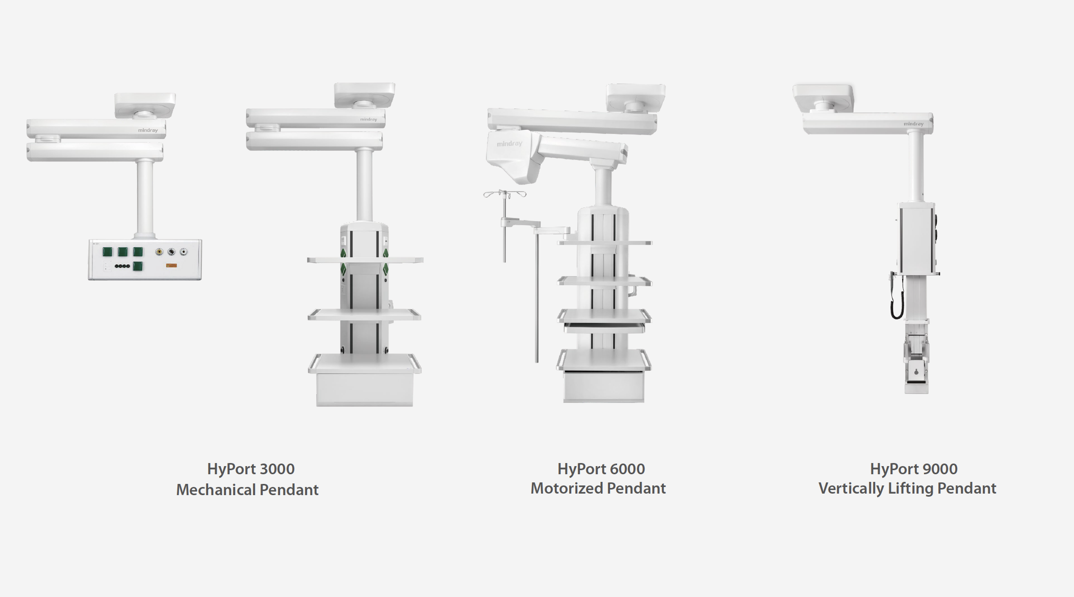 Four medical pendant systems are displayed. From left to right: HyPort 3000 Mechanical Pendant, HyPort 6000 Motorized Pendant, HyPort 9000 Vertically Lifting Pendant, with the latter three mounted on adjustable poles and the first having a control panel with various outlets.