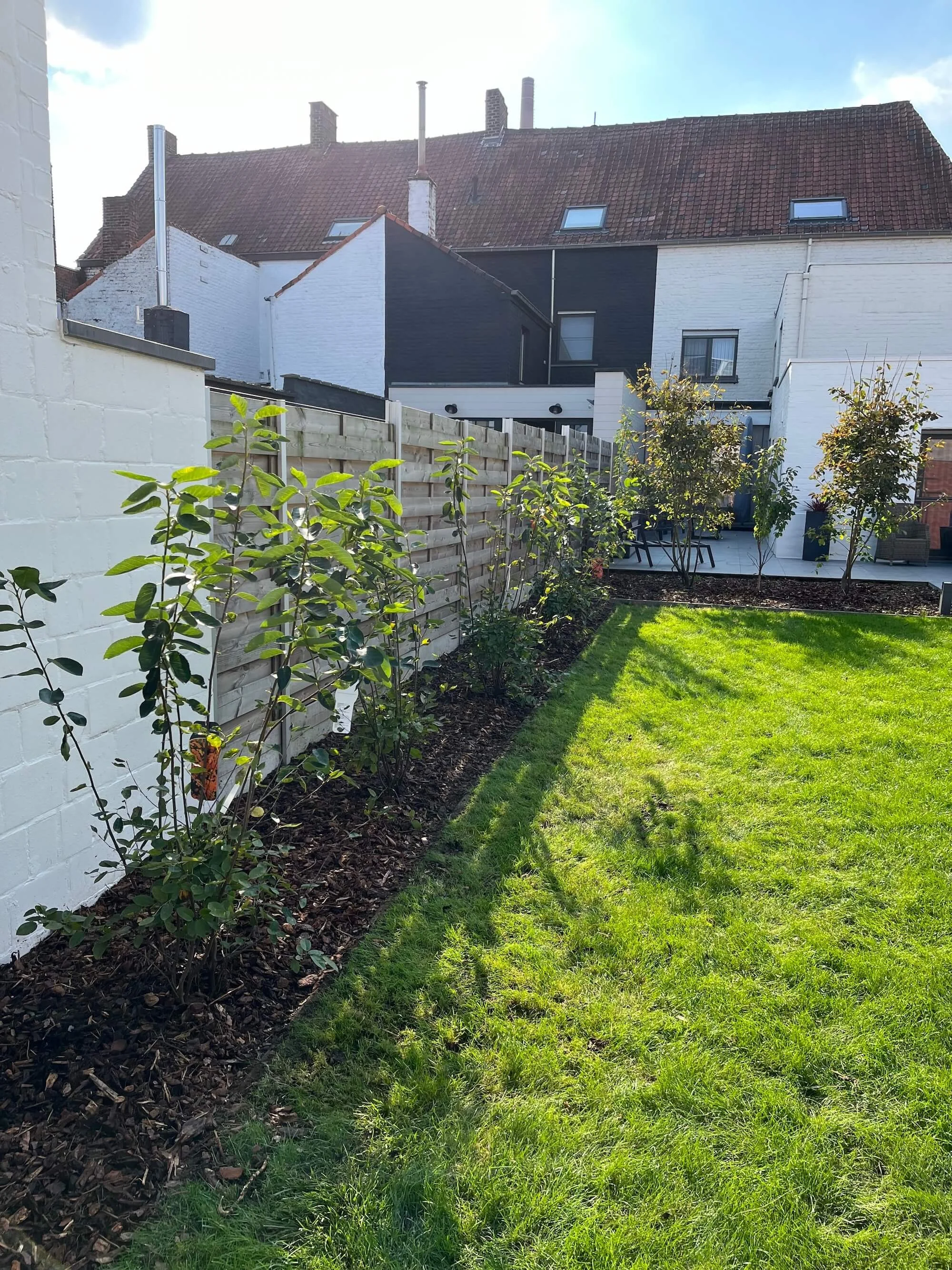 A backyard garden with a neatly maintained green lawn, a flower bed with small bushes along a white brick wall, and a patio with outdoor furniture, all under a clear blue sky.