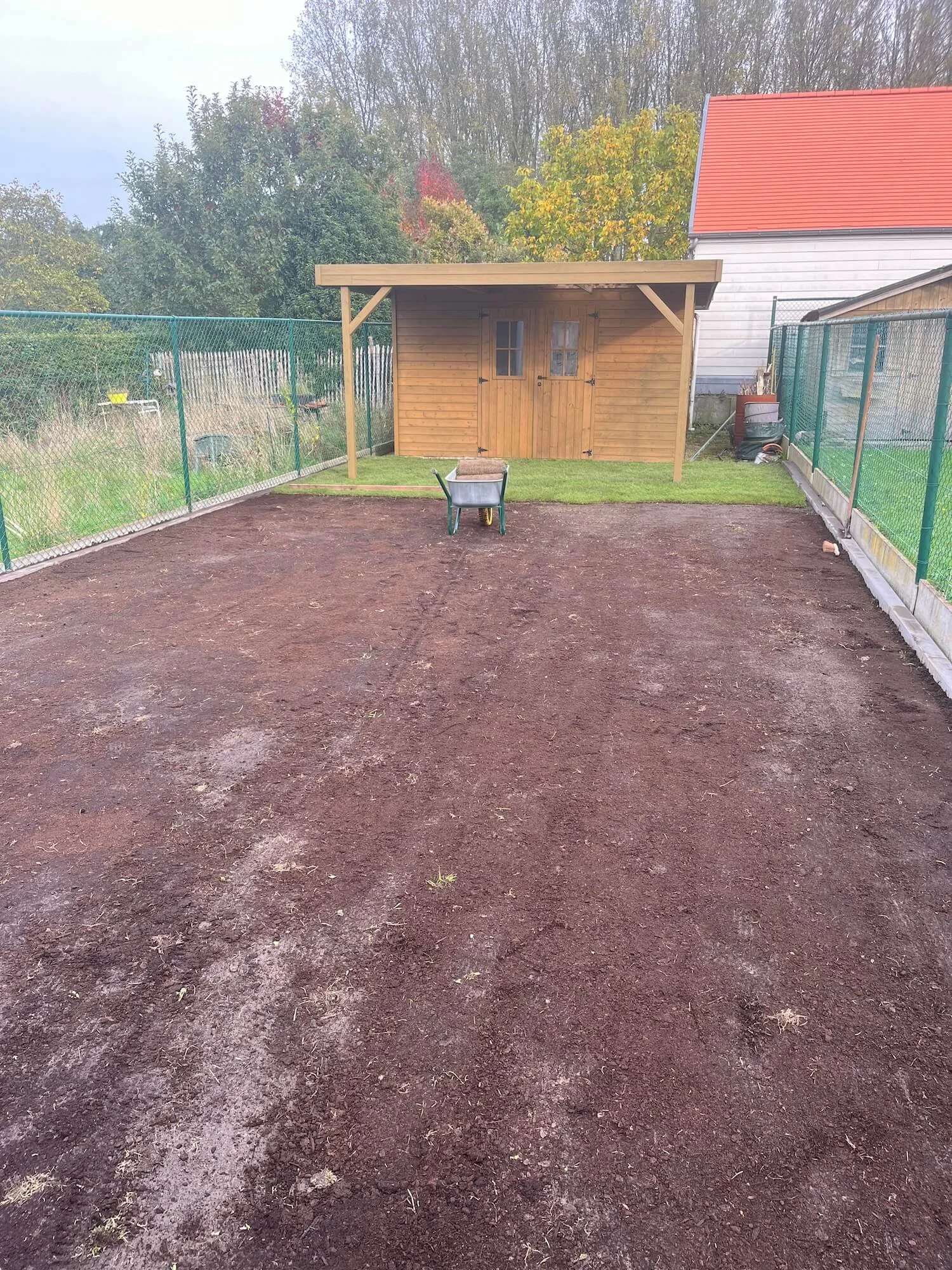 A backyard with a wooden shed, green fencing, a lawn, and a wheelbarrow on freshly turned soil.