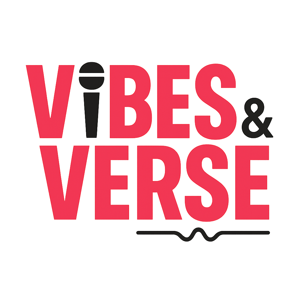 Logo with the words "VIBES & VERSE" in large red and black letters, with a stylized underline and a relaxed feel.