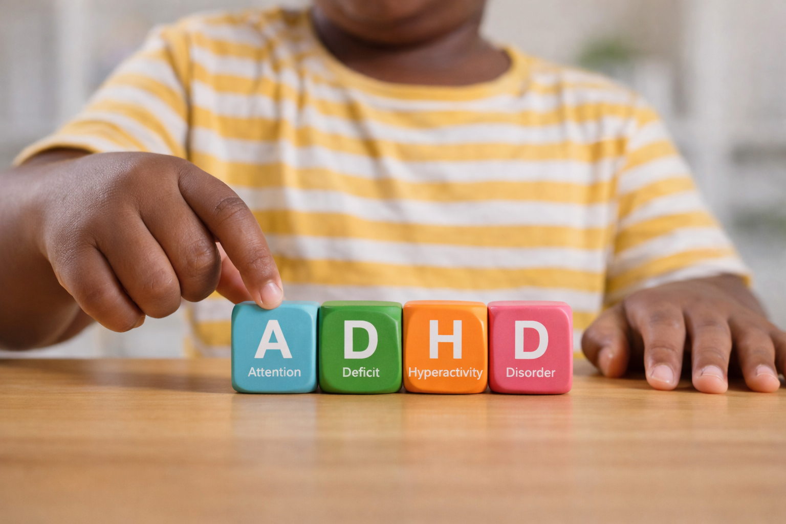 A child in a yellow and white striped shirt places a blue block labeled 'A' with 'Attention' below it next to green, orange, and pink blocks labeled 'D', 'H', and 'D' with 'Deficit', 'Hyperactivity', and 'Disorder' below each.