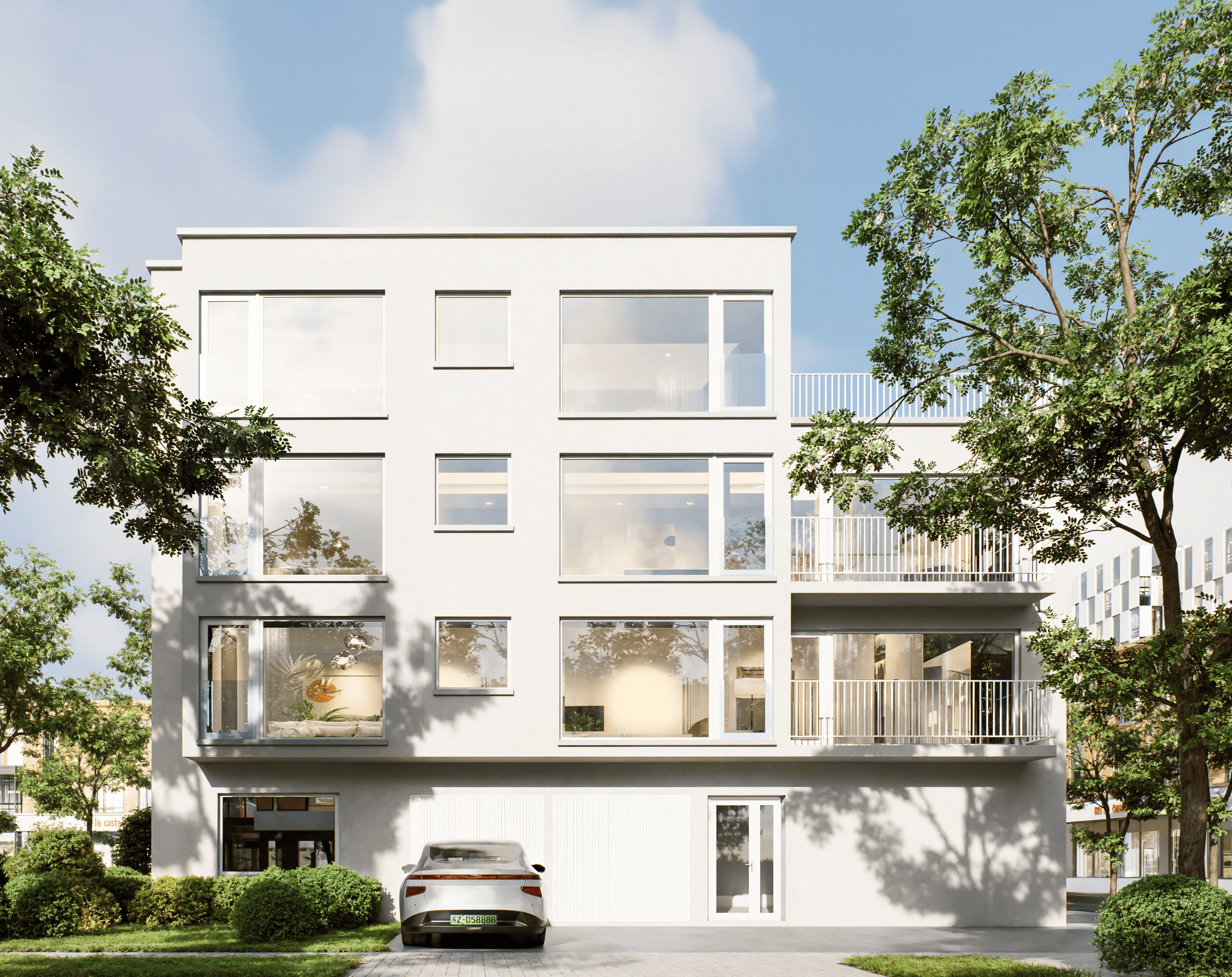 Premium apartments in Courtrai, steps from the historic center, with modern white façade, balconies, private garages, and tranquil green surroundings.
