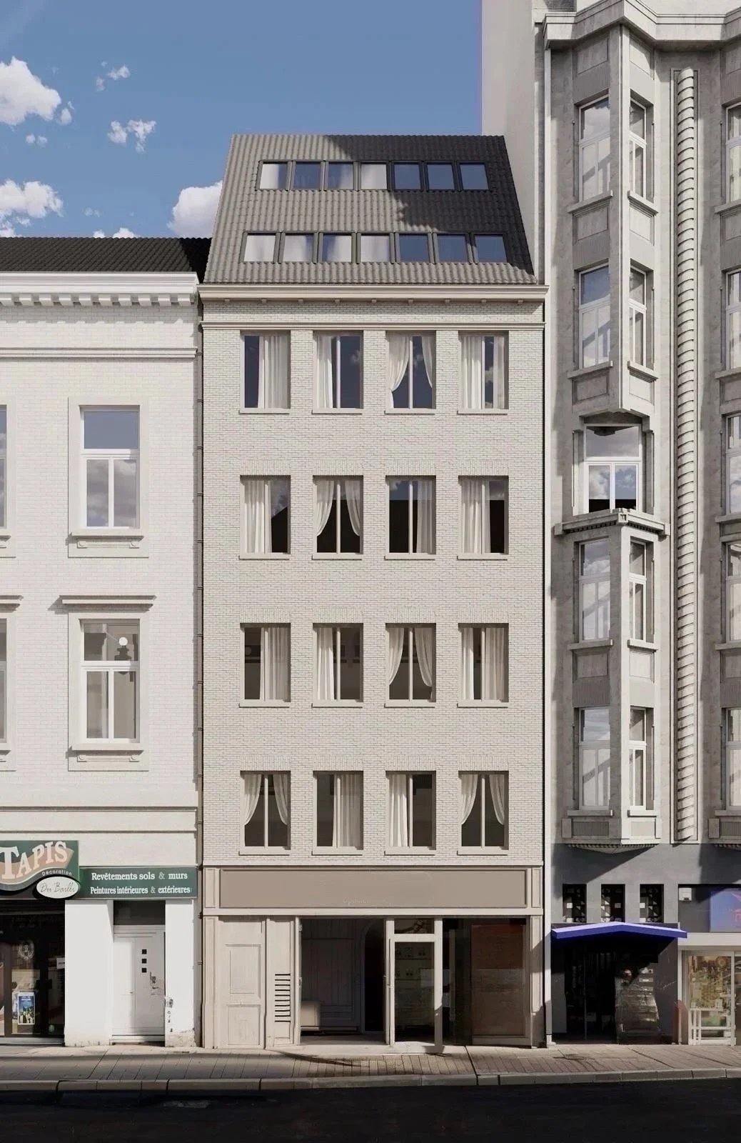 Modern residential building in Châtelain, Ixelles, with penthouse terrace, white façade, and convenient access to local shops and urban amenities.