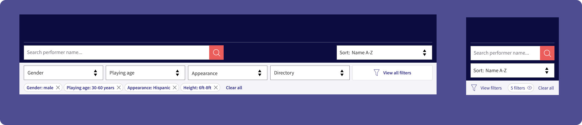 Search and filter panel