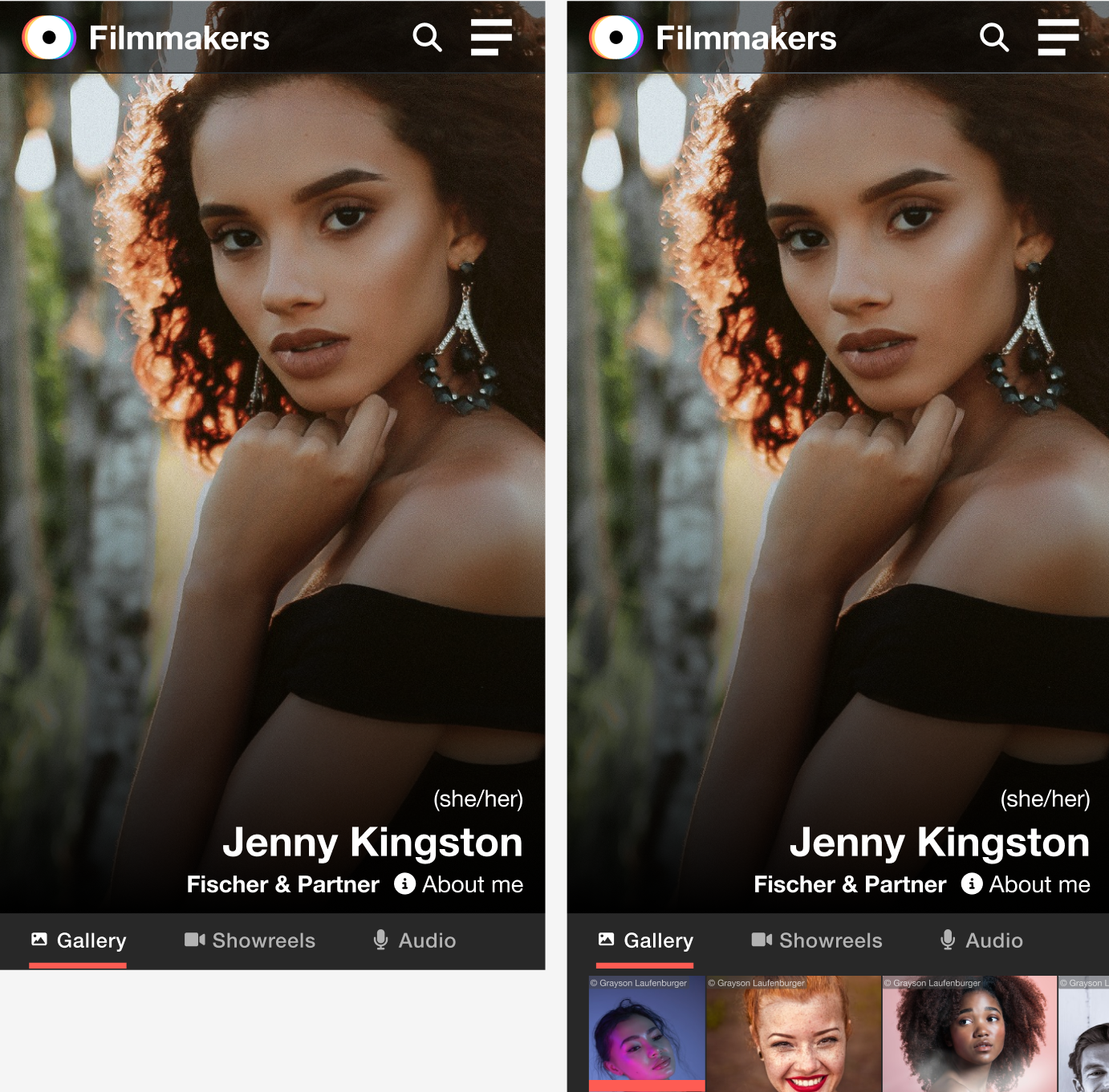 Mobile actor profile page in portrait layout with stacked headshot and media tabs