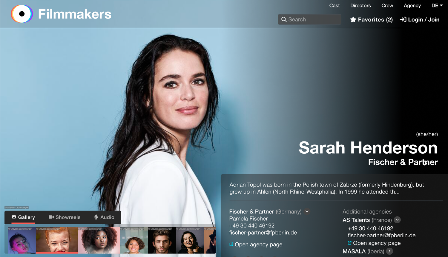 Desktop actor profile page showing full-width hero image with name, agency details and Gallery, Showreels, Audio tabs