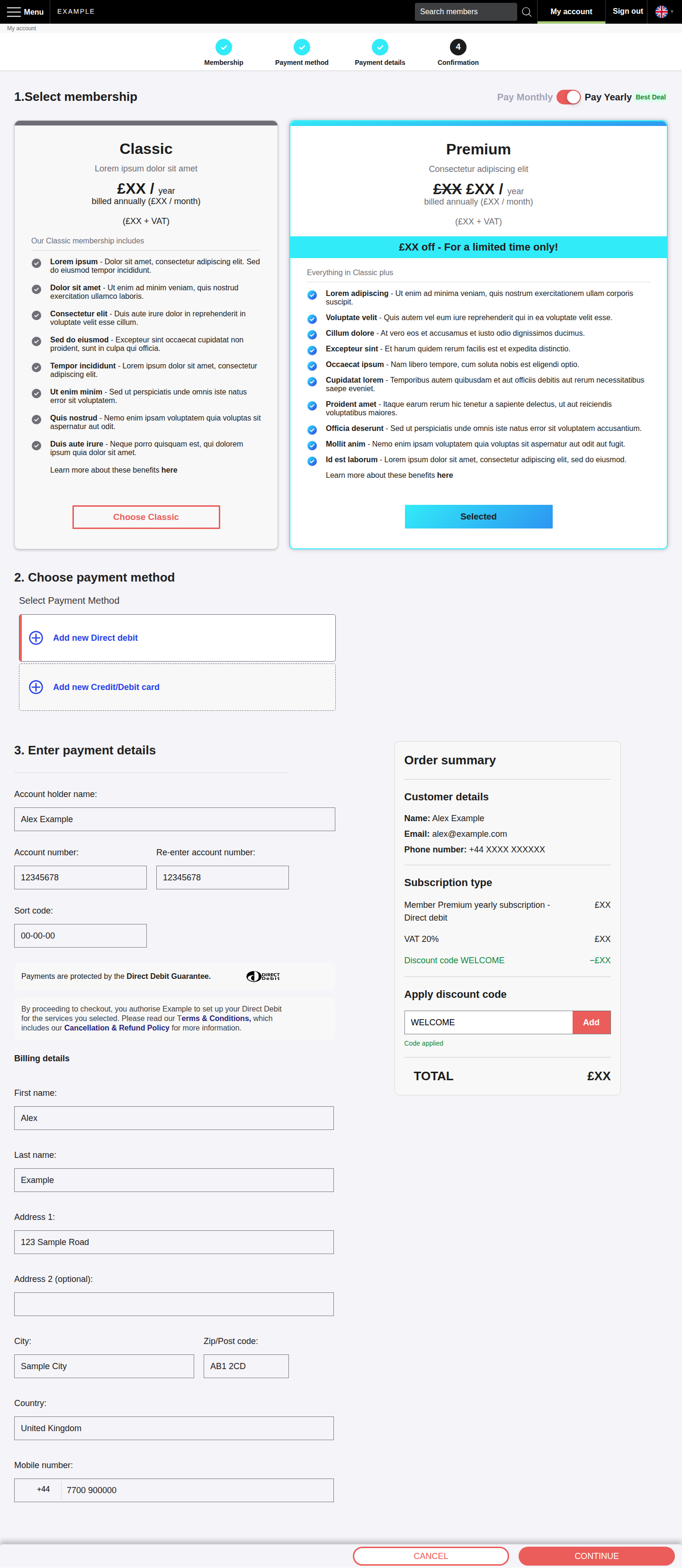 The first rework of the checkout, top to bottom: step tracker, plan choice, payment method, payment details, order summary and action bar