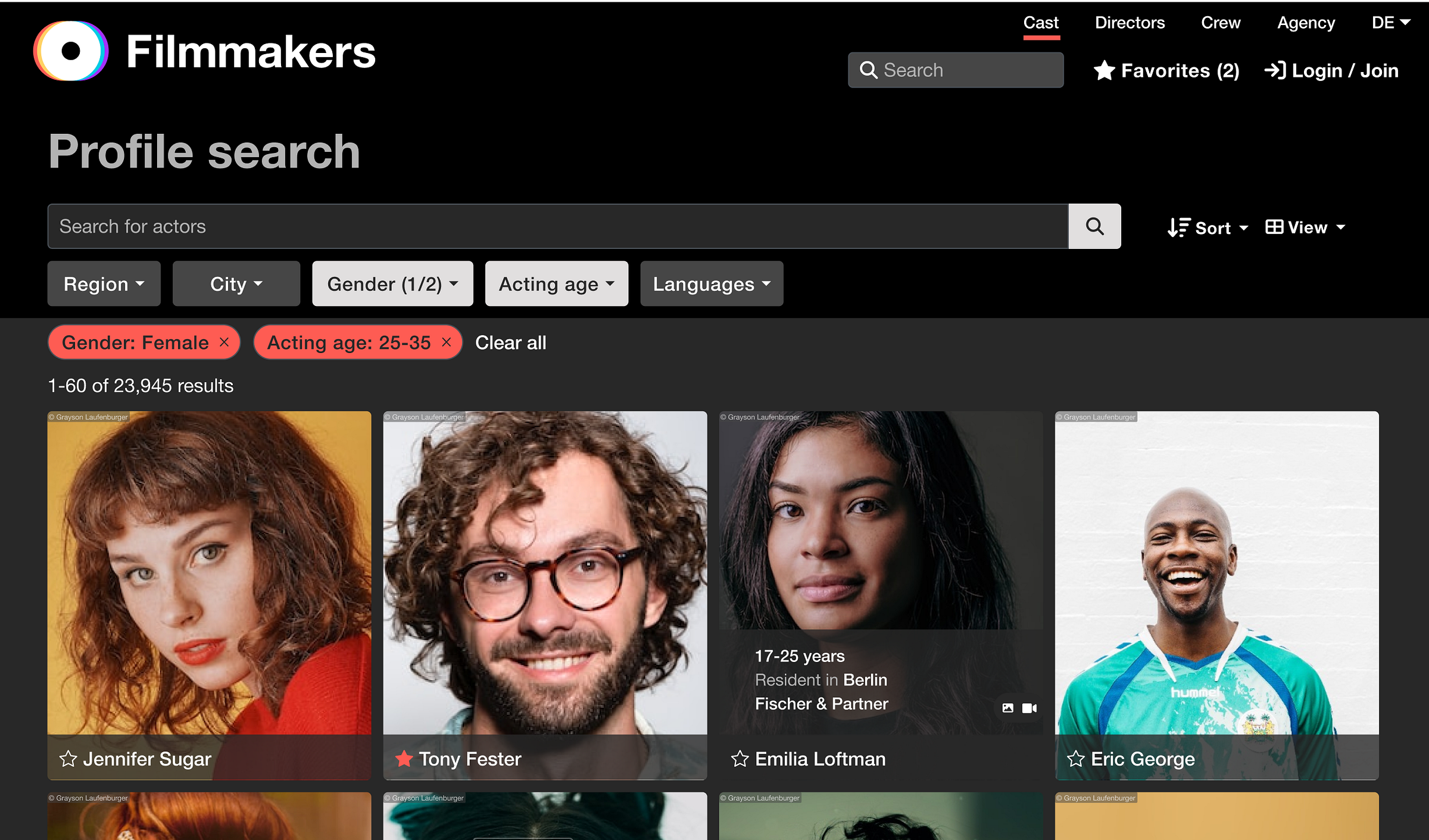 Desktop profile search showing actor headshot grid with filter controls