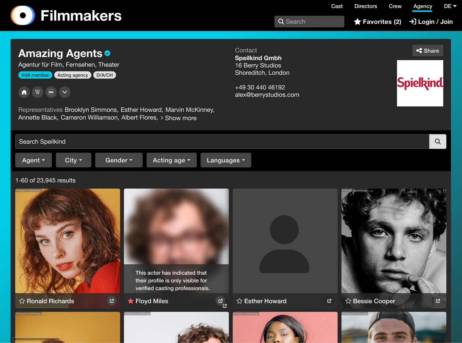 Agency search page listing talent agencies with contact details and region filters