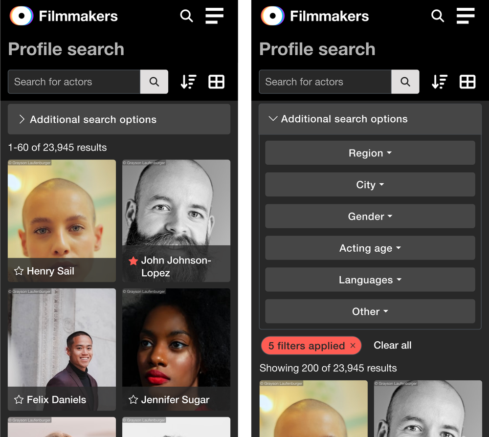 Mobile profile search showing compact headshot grid with filter bar