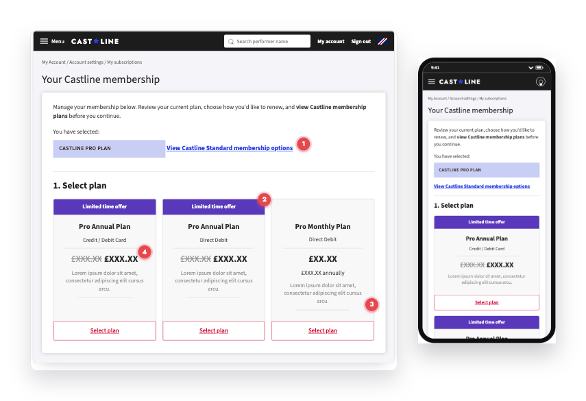 The inherited membership purchase screen on desktop and mobile, anonymised, with usability problems annotated