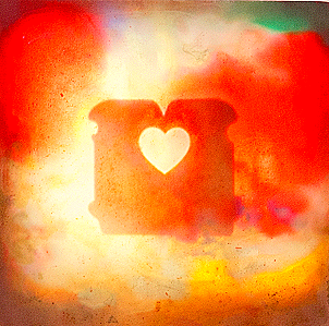 An artistic image of a sunset with a silhouette of a camera with a heart-shaped cutout in the center.
