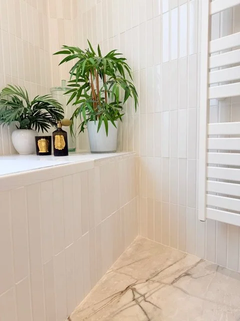 Intérieur d'une salle de bain avec des plantes vertes en pot sur un rebord