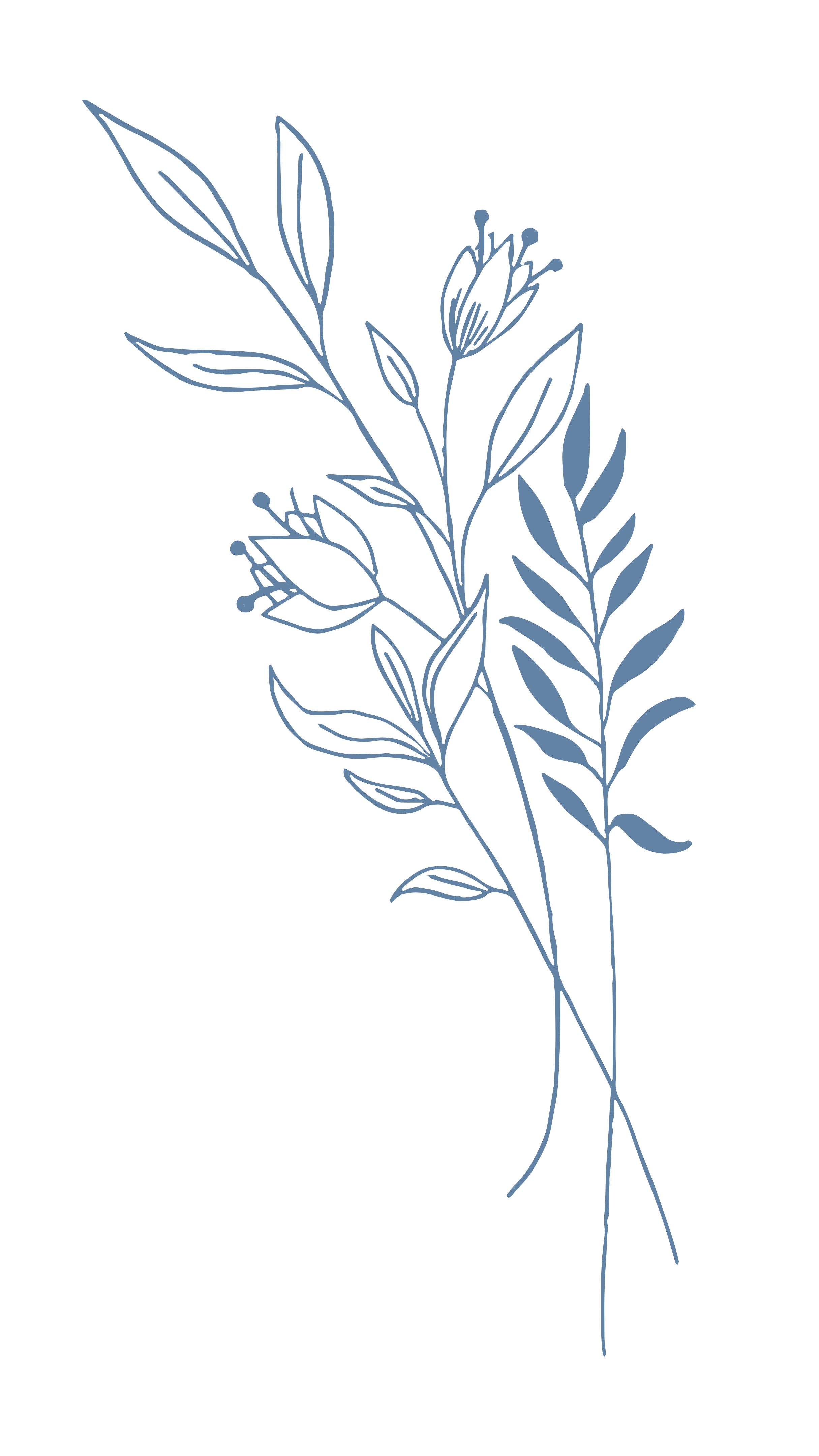 Stilisierte blaue Blumenillustration auf weißen Hintergrund.
