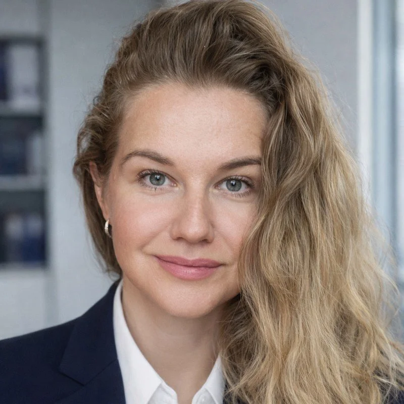 Close-up of a woman with long wavy blonde hair, blue eyes, wearing a black blazer and white shirt, smiling softly in an office setting.