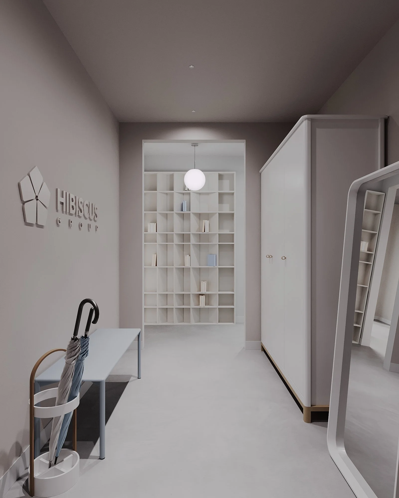 Modern office interior with white walls, a white bookshelf, and minimalist decor. Includes a bench with an umbrella holder and a full-length mirror.