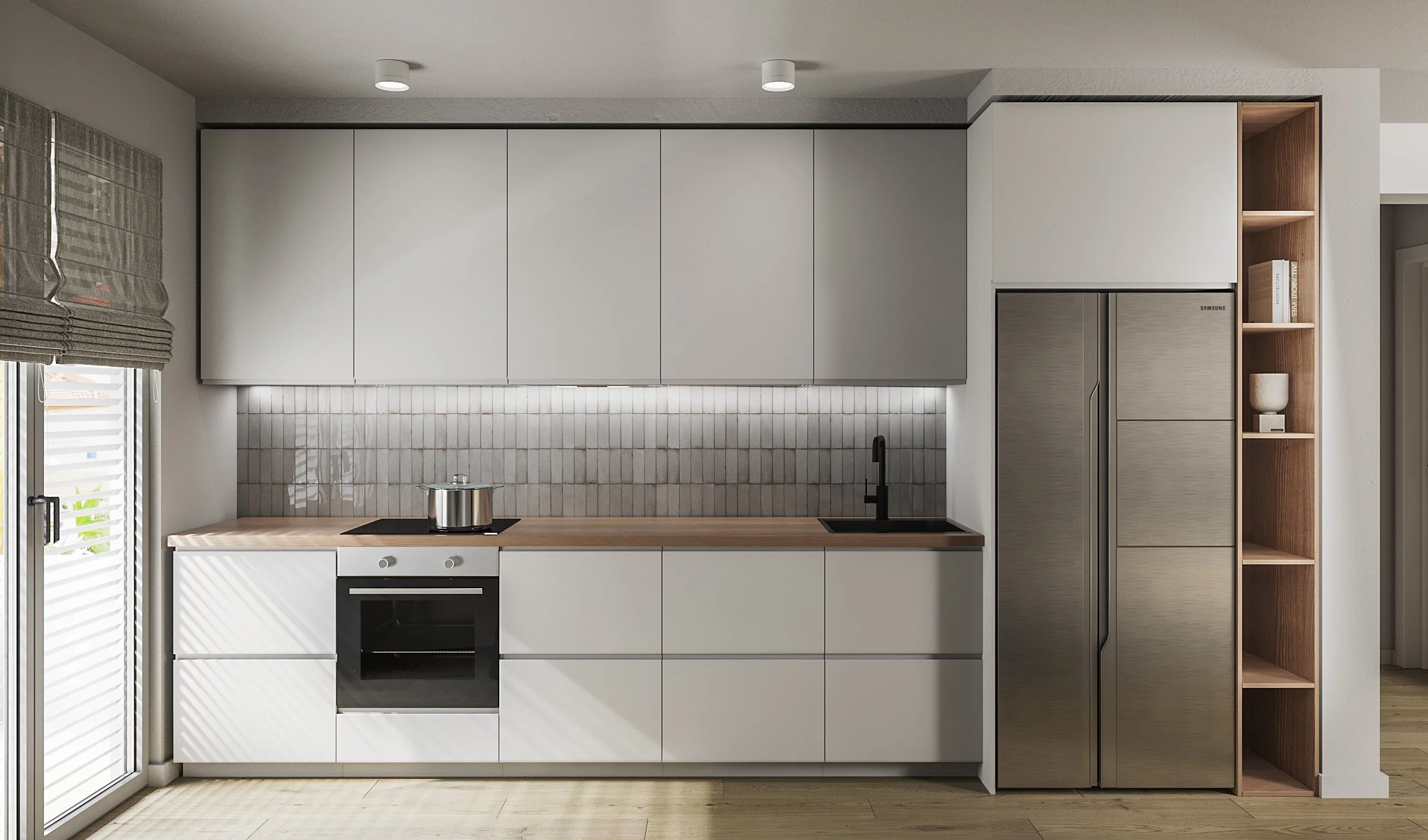 Modern kitchen with white cabinets, wooden countertop, gray backsplash tiles, black sink, stainless steel fridge, and narrow open wooden shelving on the right.