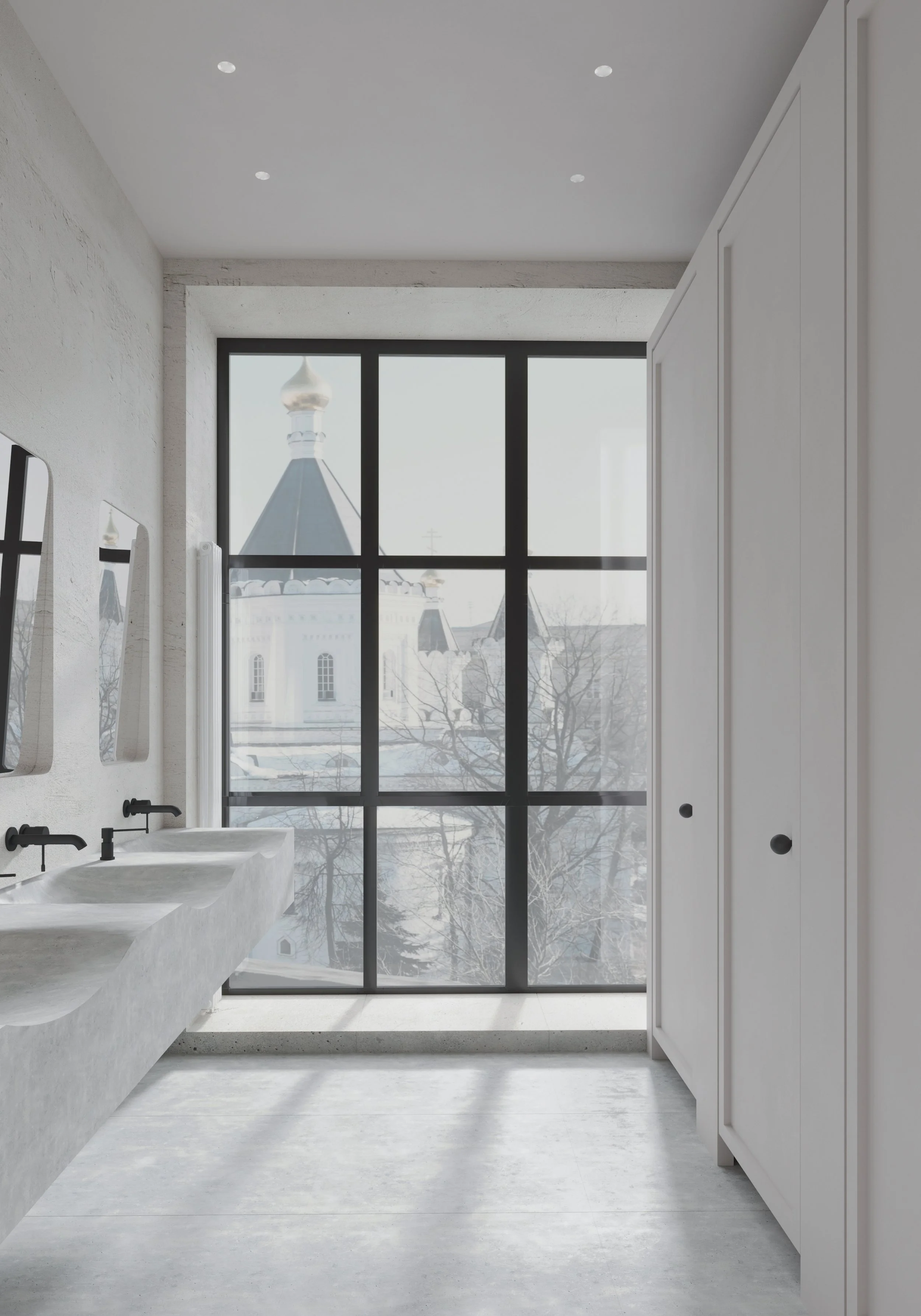 Modern bathroom with a large window showing a church with onion domes outside, featuring two sinks on the left and a white cabinet on the right.