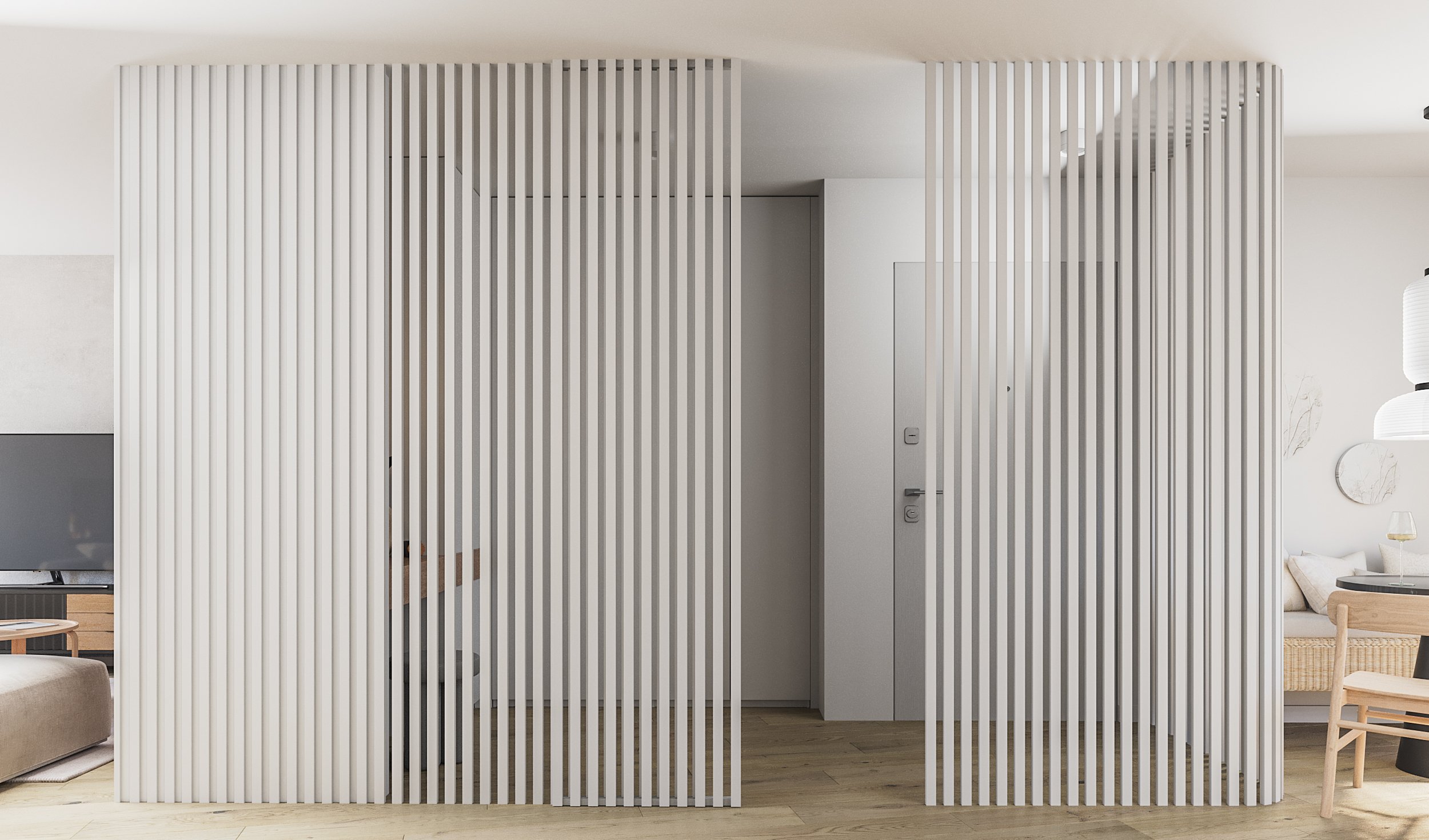 Modern living room with a white slatted room divider wall separating the space, a TV on a wooden stand, a beige sofa, and a dining area with wooden chairs and a table on the right.